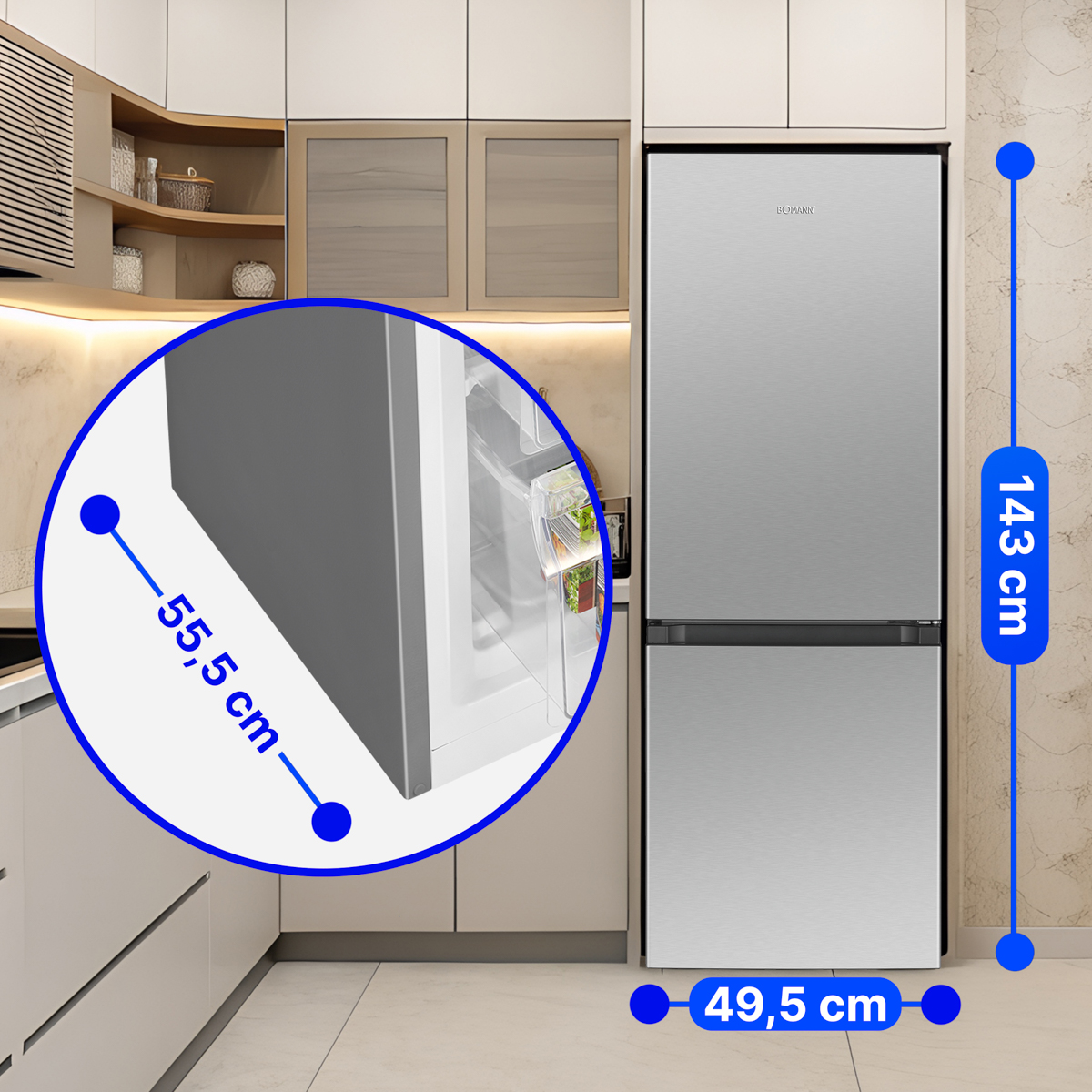 Refrigerador plateado en un entorno de cocina con dimensiones etiquetadas en centímetros.