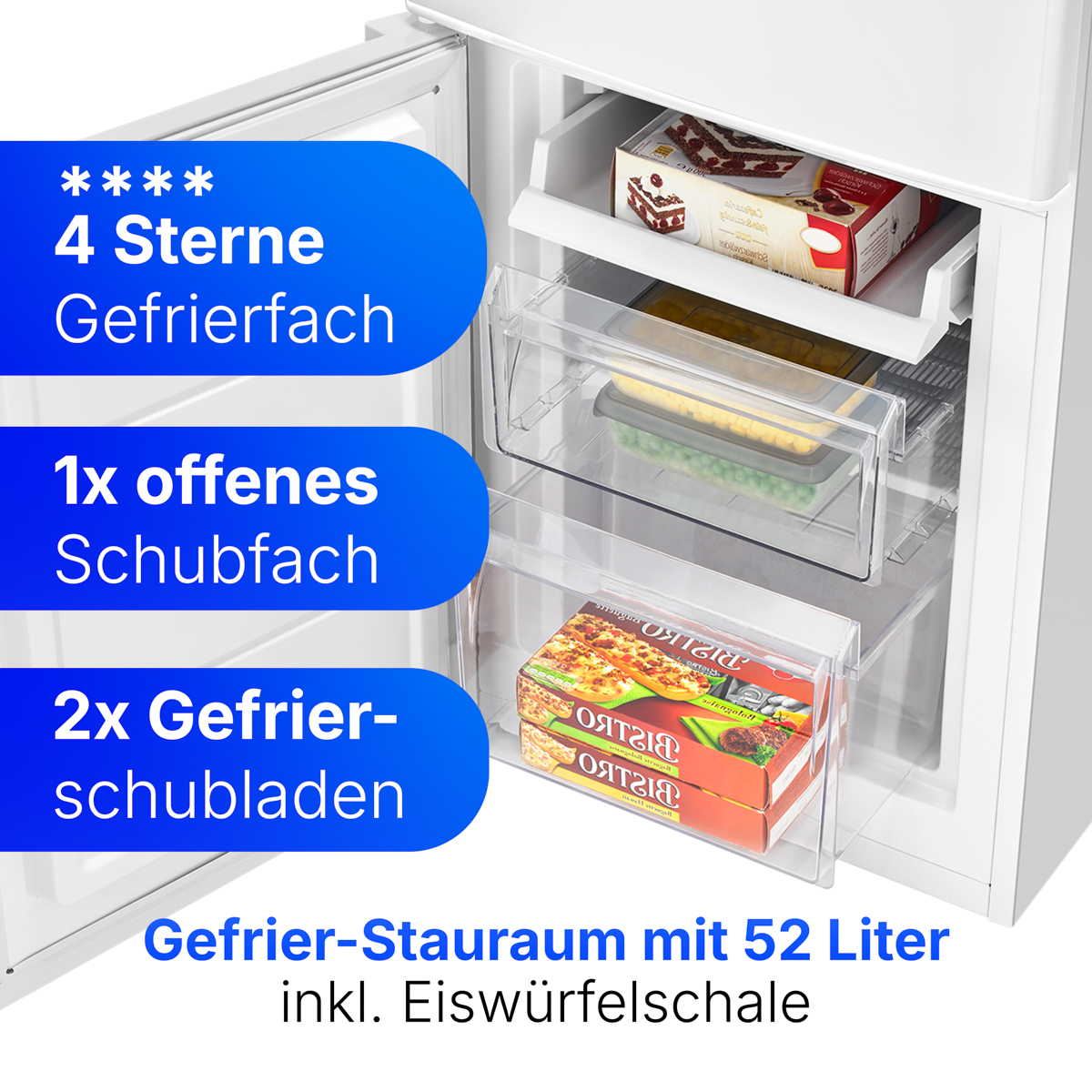 Gefrierschrank mit Schubladen mit Tiefkühlkost und Eiswürfelschale.
