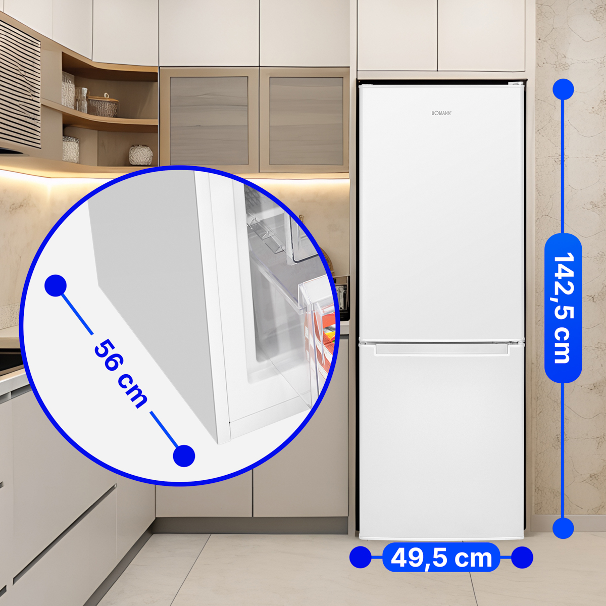 Weißer Kühlschrank in Küchenumgebung, Abmessungen hervorgehoben.