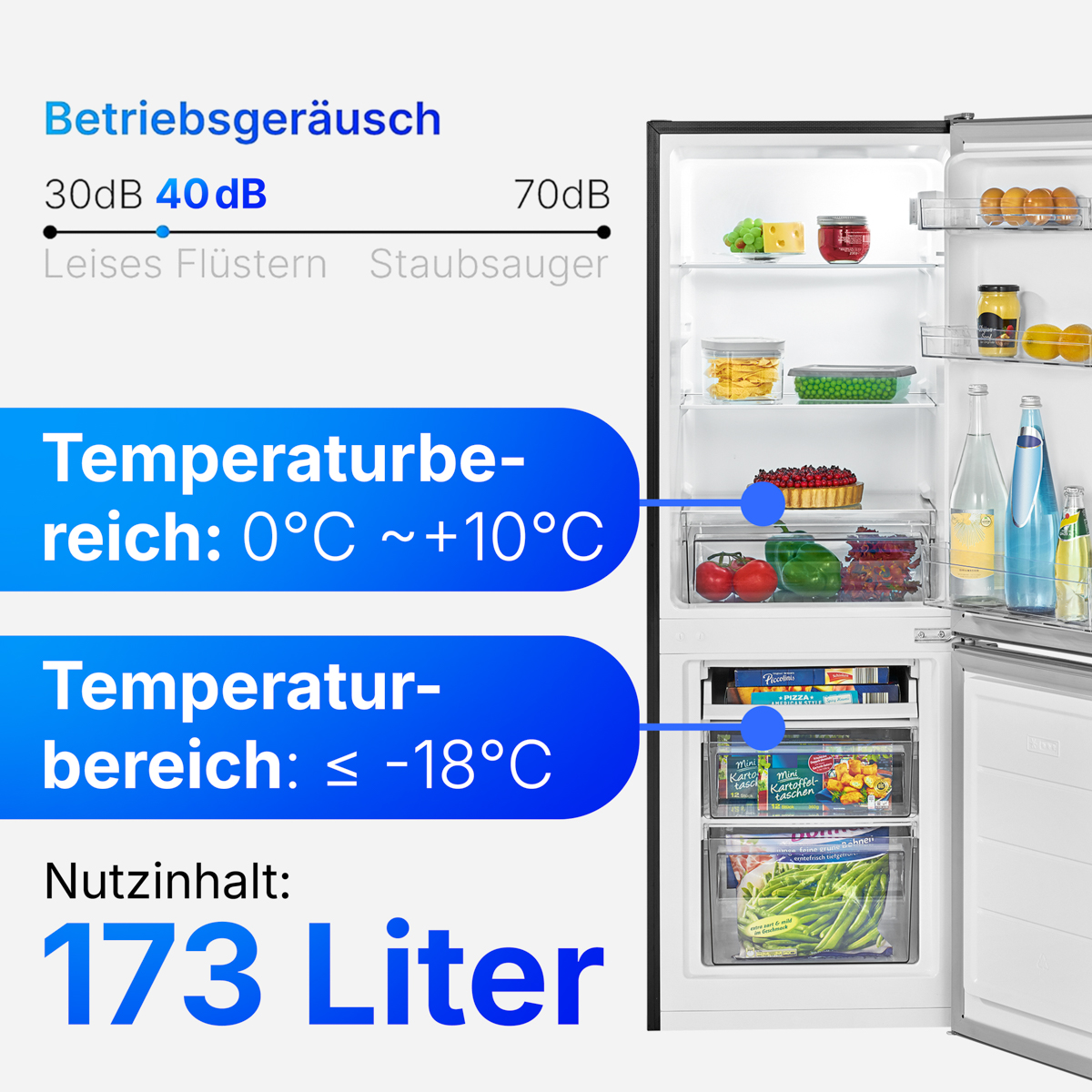 Interno del frigorifero con sovrapposizioni di testo che mostrano il livello di rumore, l'intervallo di temperatura e la capacità.