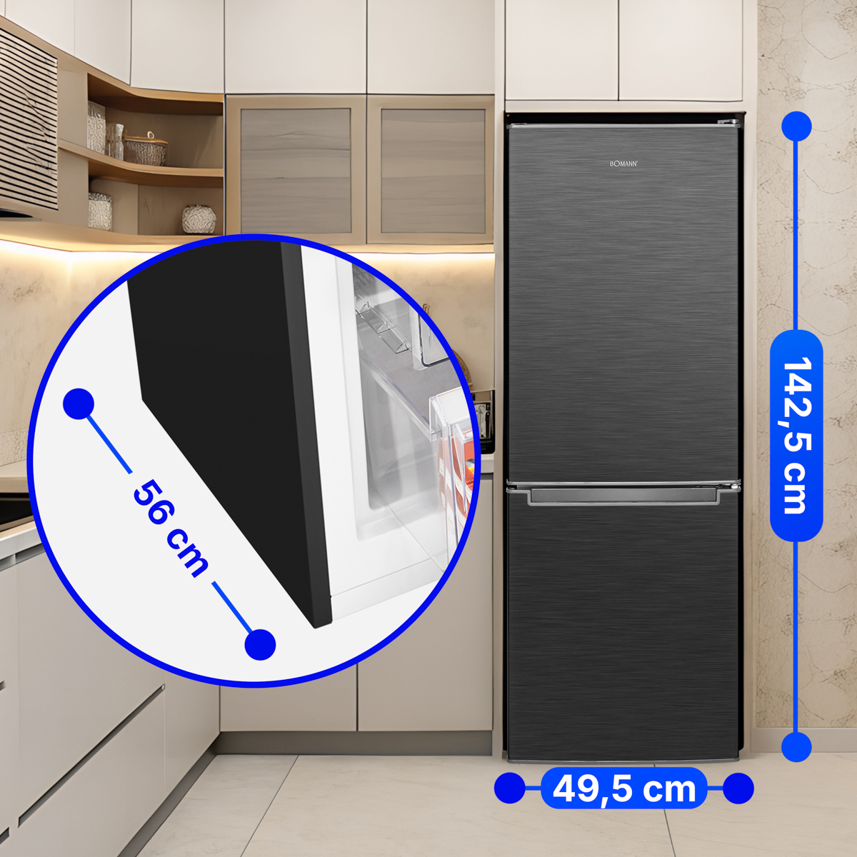 Frigorifero nero in ambiente cucina, dimensioni evidenziate.