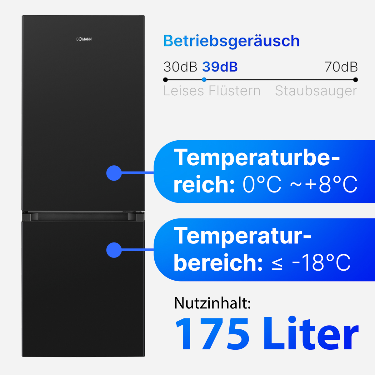 Czarna lodówka ze szczegółami poziomu dźwięku i zakresu temperatur.