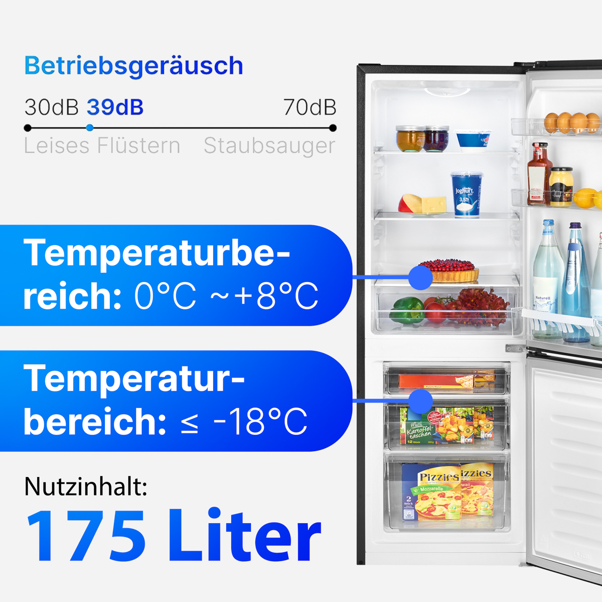 Lodówka z otwartymi drzwiami, pokazująca półki z jedzeniem i etykietą energetyczną.