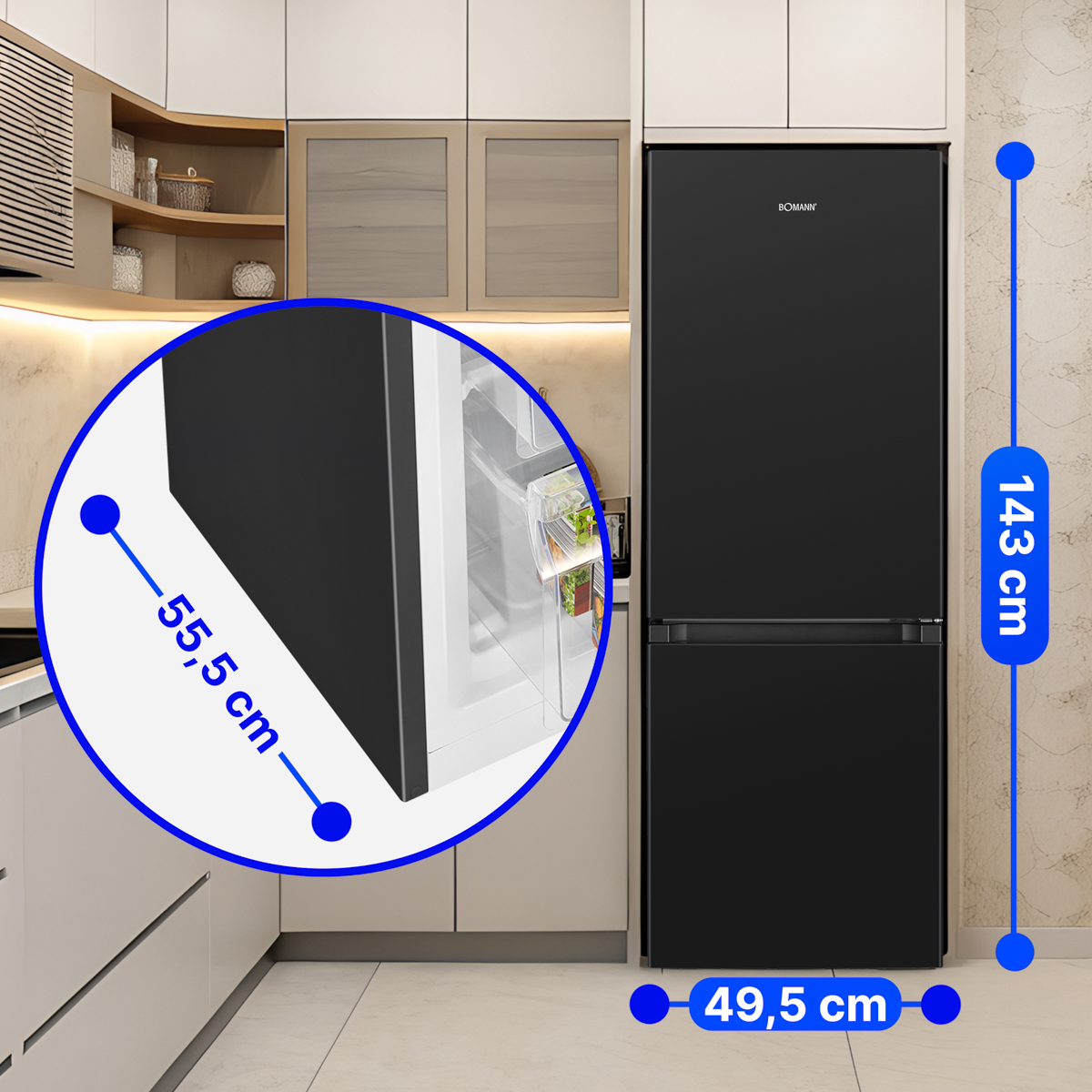 Czarna lodówka w kuchni, wymiary podświetlone.