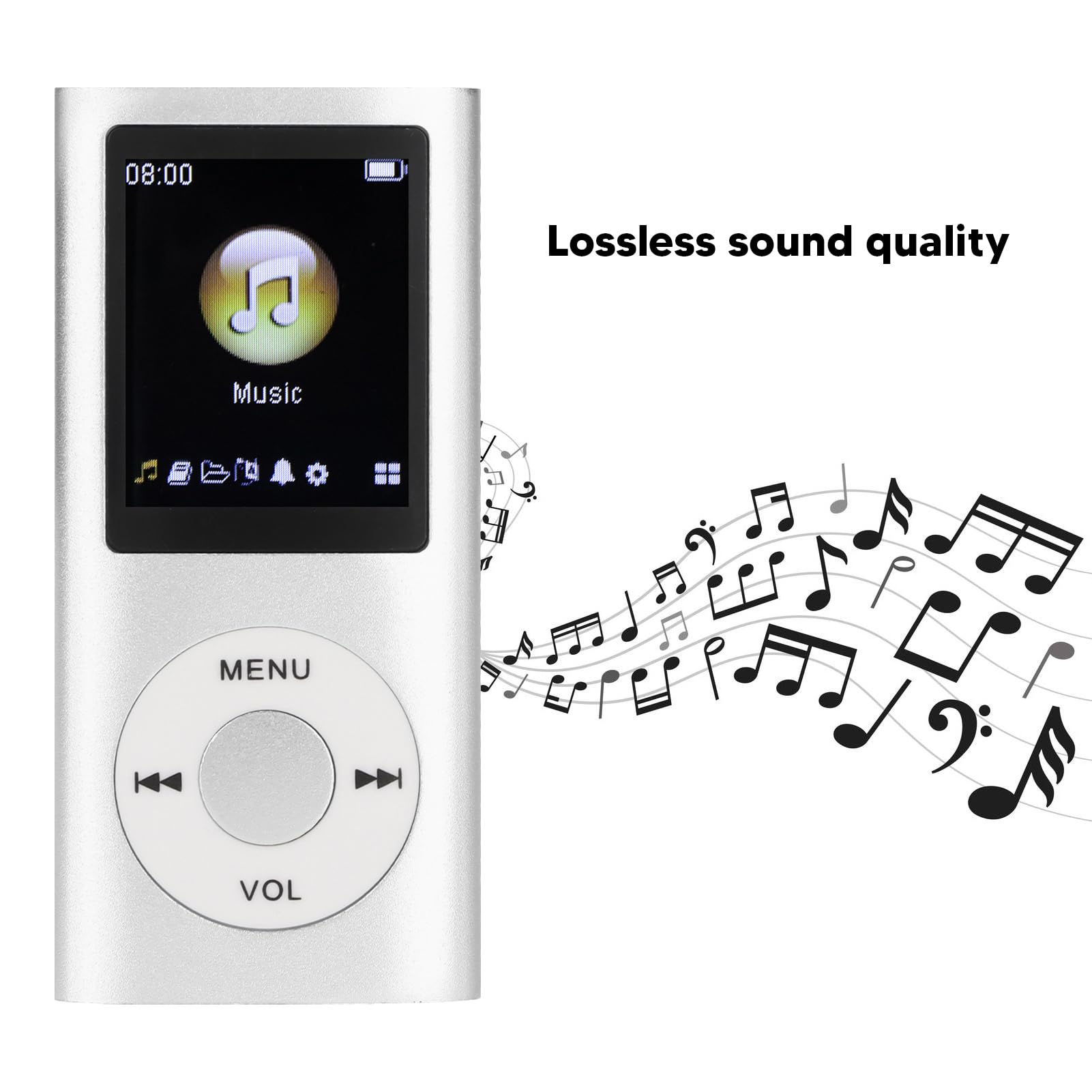 Silberner MP3-Player mit sichtbarer Musikoberfläche, Noten-Design daneben. Text: Verlustfreie Klangqualität.