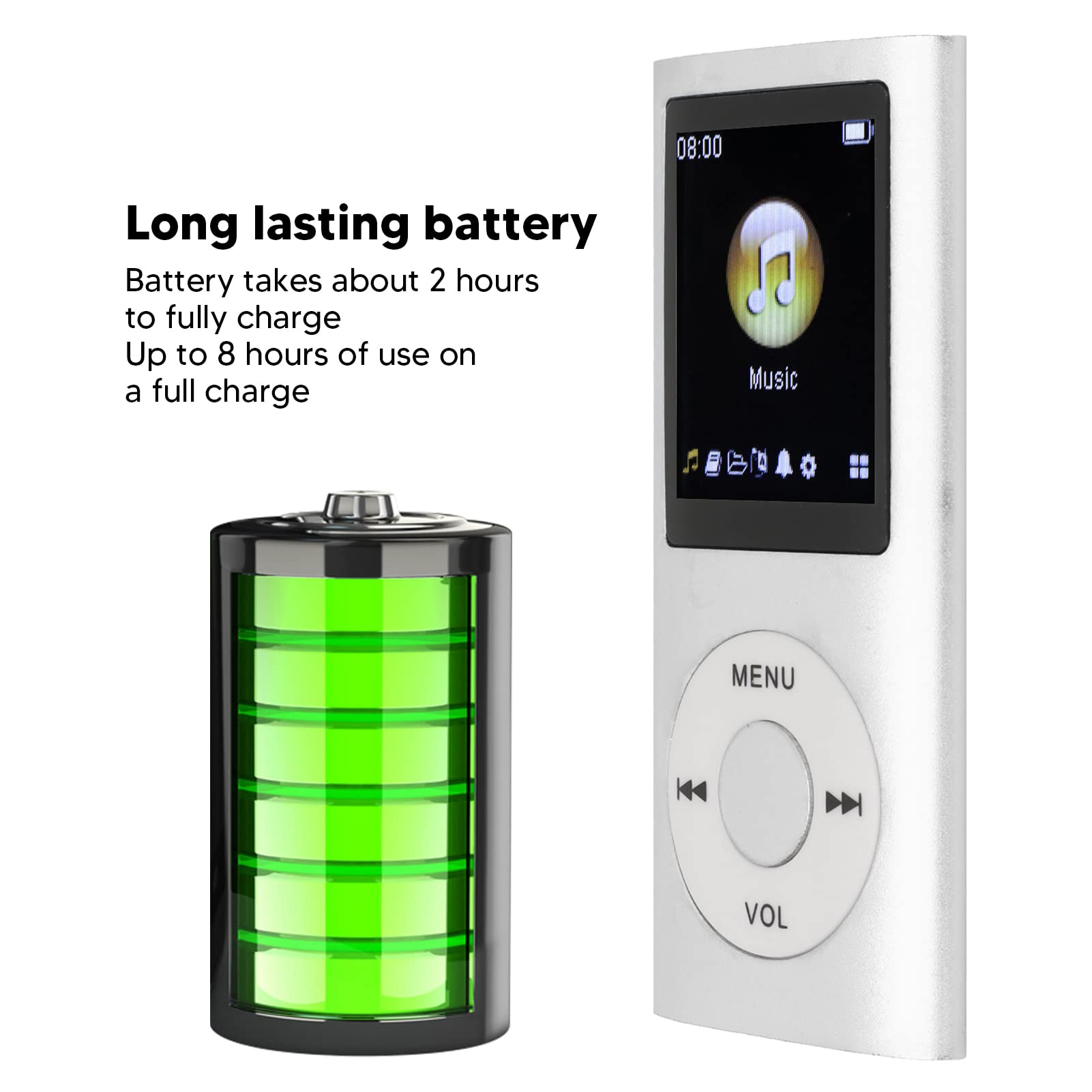 MP3-Player neben einer grün ladenden Batterie. Text: Langlebige Batterie, Ladezeit, Nutzungsdauer.