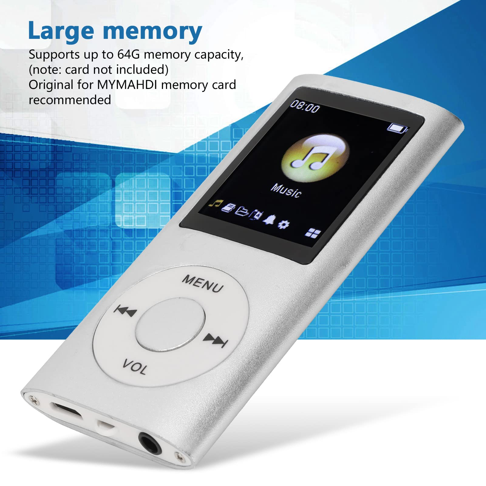 Silberner MP3-Player mit sichtbarer Musikoberfläche. Text: Großer Speicher, unterstützt 64G Kapazität.
