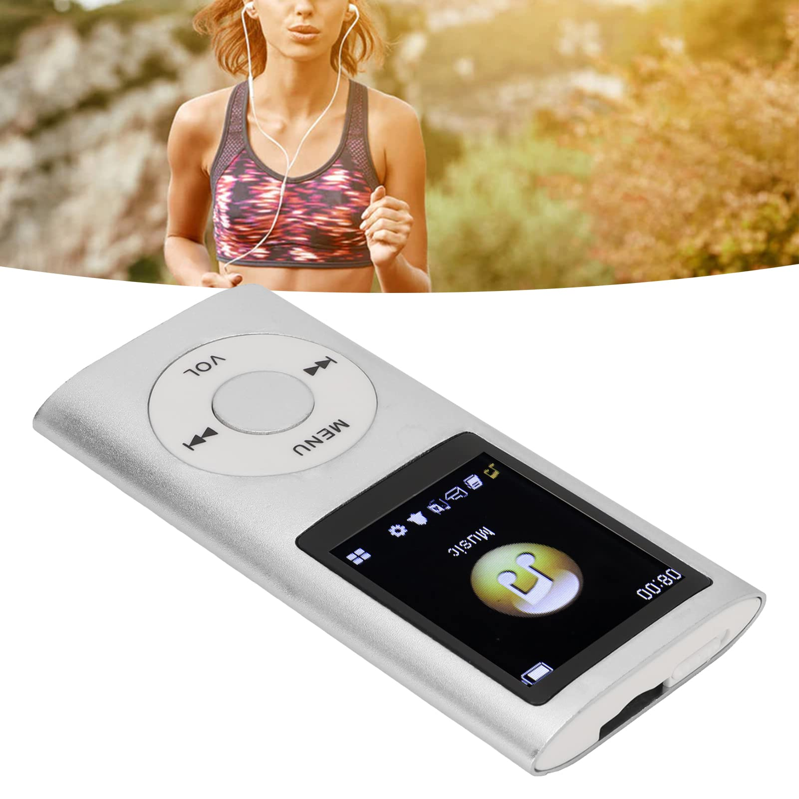 Eine Frau läuft mit Kopfhörern. Im Vordergrund befindet sich ein silberner MP3-Player, der eine Musikoberfläche anzeigt.