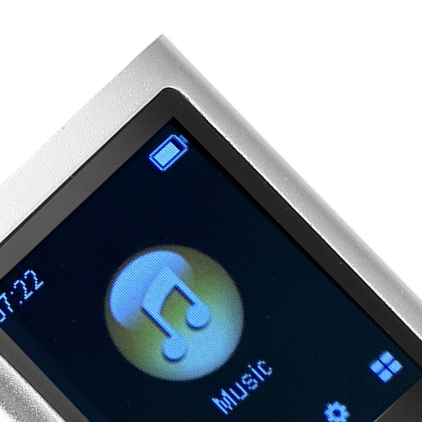 Nahaufnahme des Bildschirms des MP3-Players, der eine Musikoberfläche anzeigt. Der Hintergrund ist weiß.