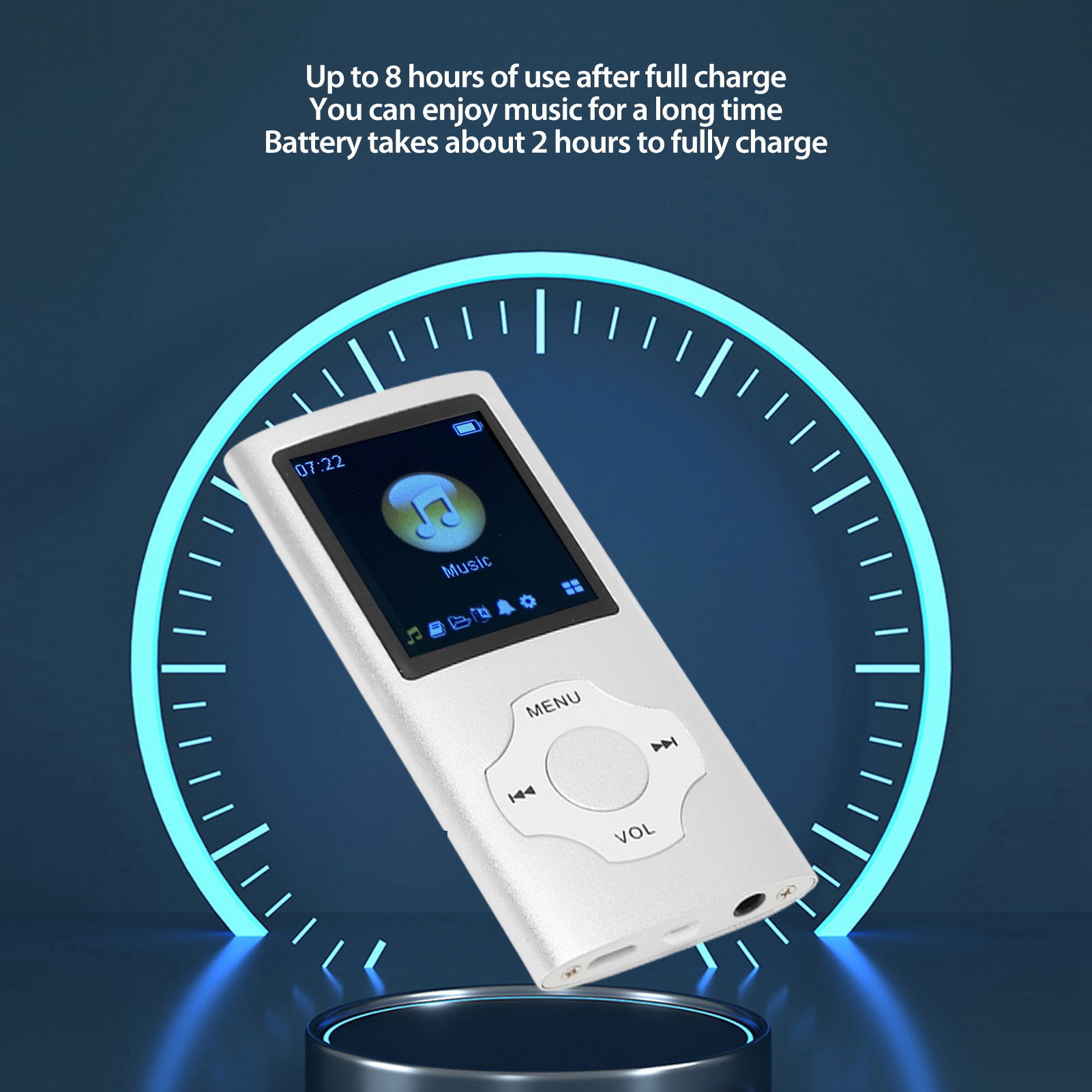 Silberner MP3-Player mit Musikoberfläche, umgeben von einem blau beleuchteten Kreis. Text: Batterie- und Nutzungszeit.