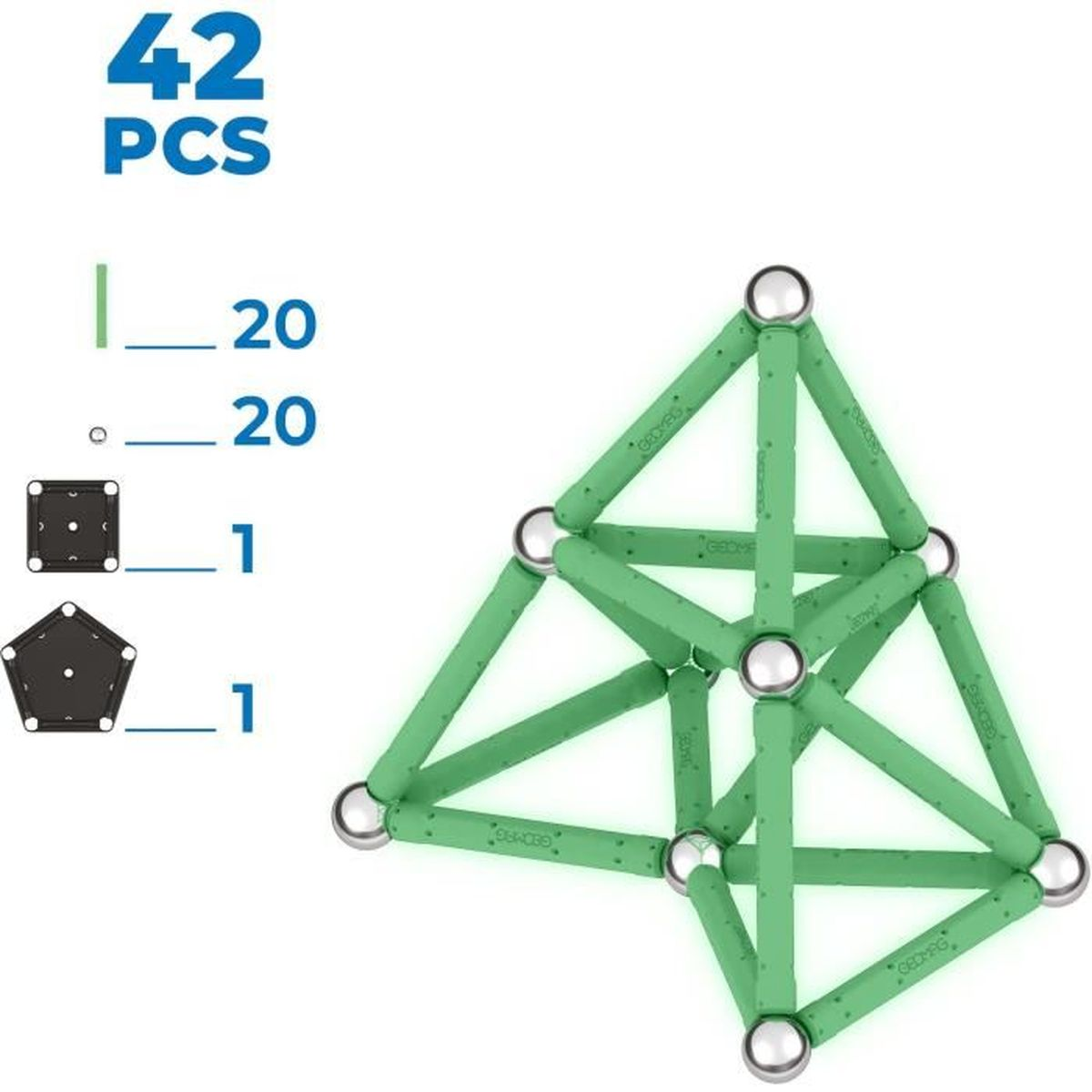 Pezzi di giocattolo di costruzione magnetici verdi disposti per formare una struttura geometrica, con una visualizzazione dei pezzi accanto.