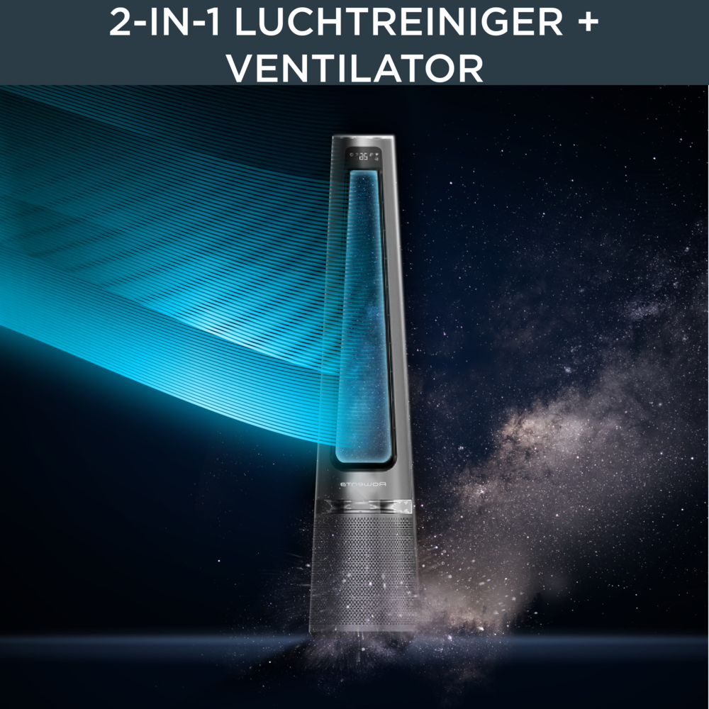 Luftreiniger mit blauem Luftstromeffekt. Es gibt einen Lichteffekt und einen dunklen Hintergrund.