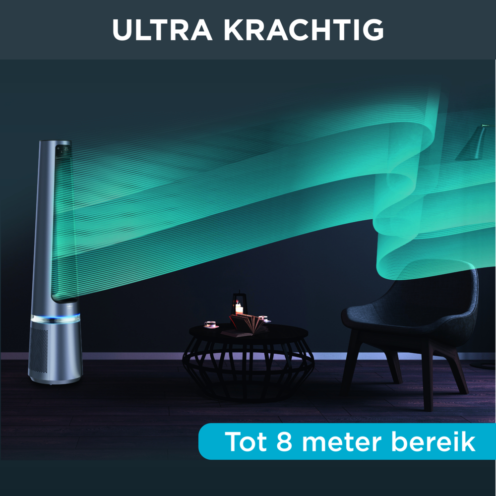 Luftreiniger in dunkler Umgebung. Grüner Luftstrom-Effekt, ein Stuhl und ein Tisch mit Kerze.