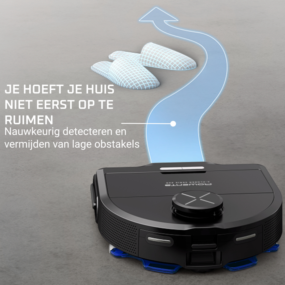 Roboter-Staubsauger weicht Objekten aus. Blauer Pfad zeigt die Richtung. Text auf Niederländisch. Grauer Boden, mit Hausschuhen.