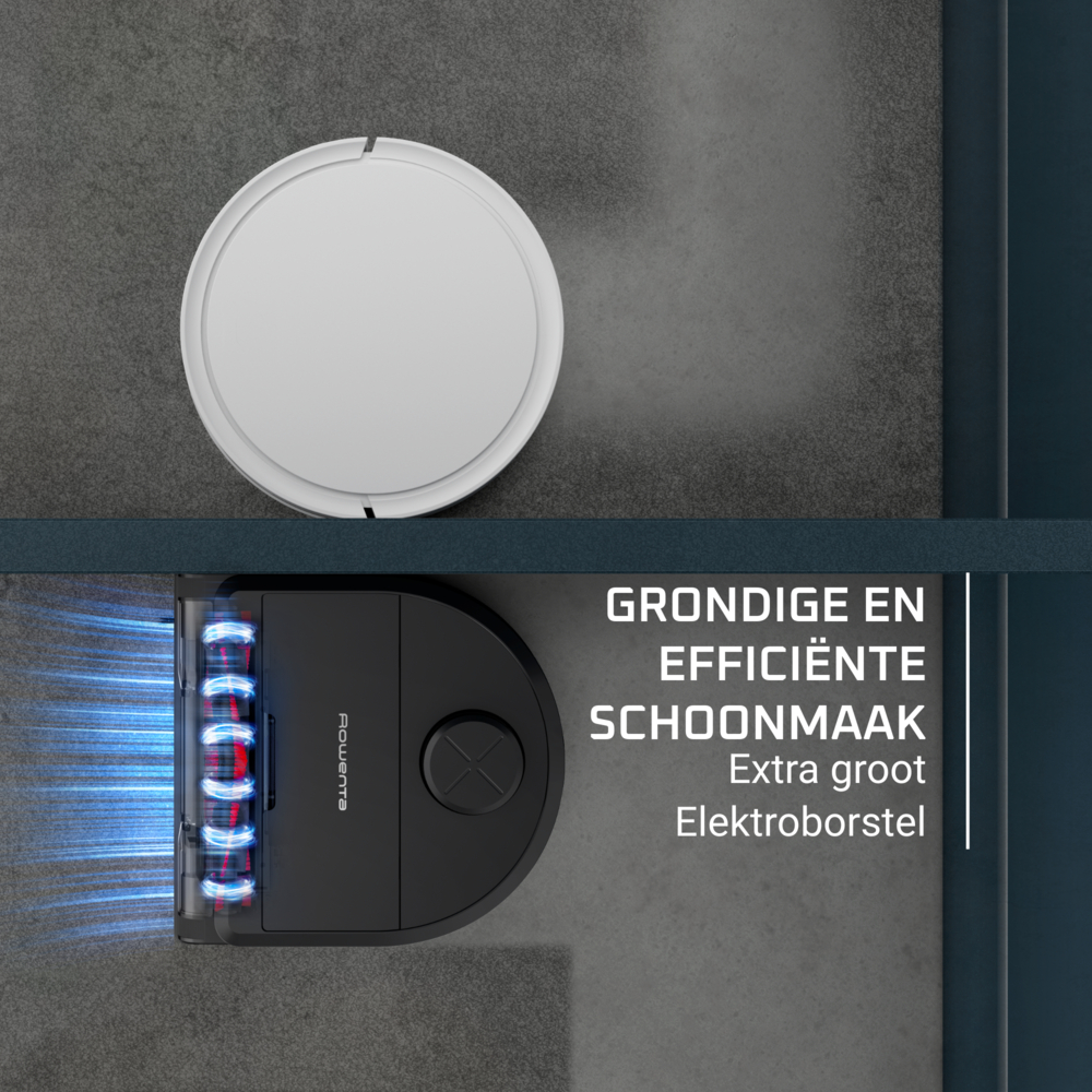 Bovenkant van een witte robotstofzuiger en een zwarte stofzuiger eronder. Tekst in het Nederlands. Blauw lichteffect.