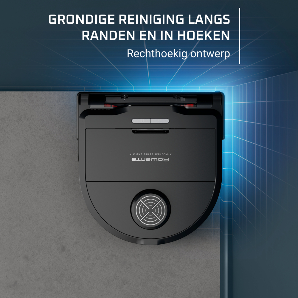 Bovenaanzicht van een zwarte robotstofzuiger bij een muur, op een grijze vloer. Tekst in het Nederlands, blauwe raster overlay.