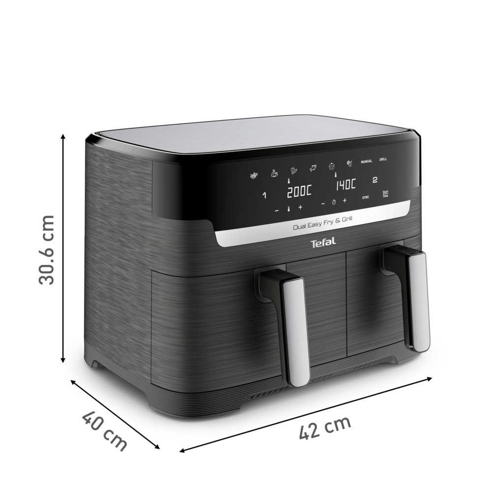 Dual Easy Fry & Grill, czarny kolor, pokazane wymiary. Zbliżenie na frytownicę. Białe tło.