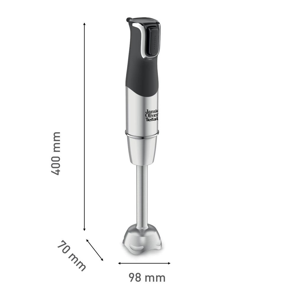 Blender ręczny z wymiarami: 400 mm wysokość, 70 mm szerokość, 98 mm podstawa.