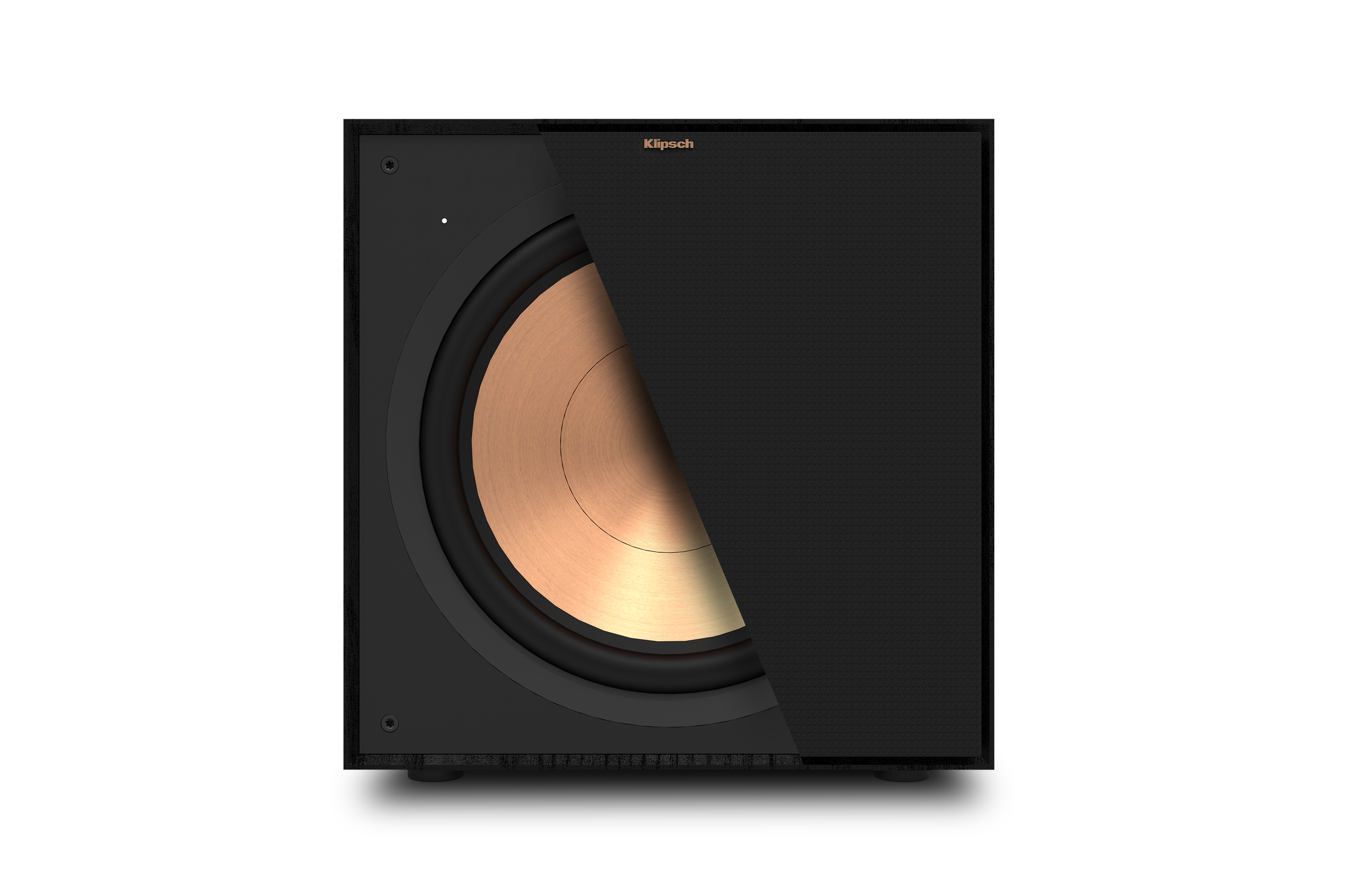 Ein schwarzer Subwoofer mit Kupferlautsprecher und schwarzer Netzabdeckung.