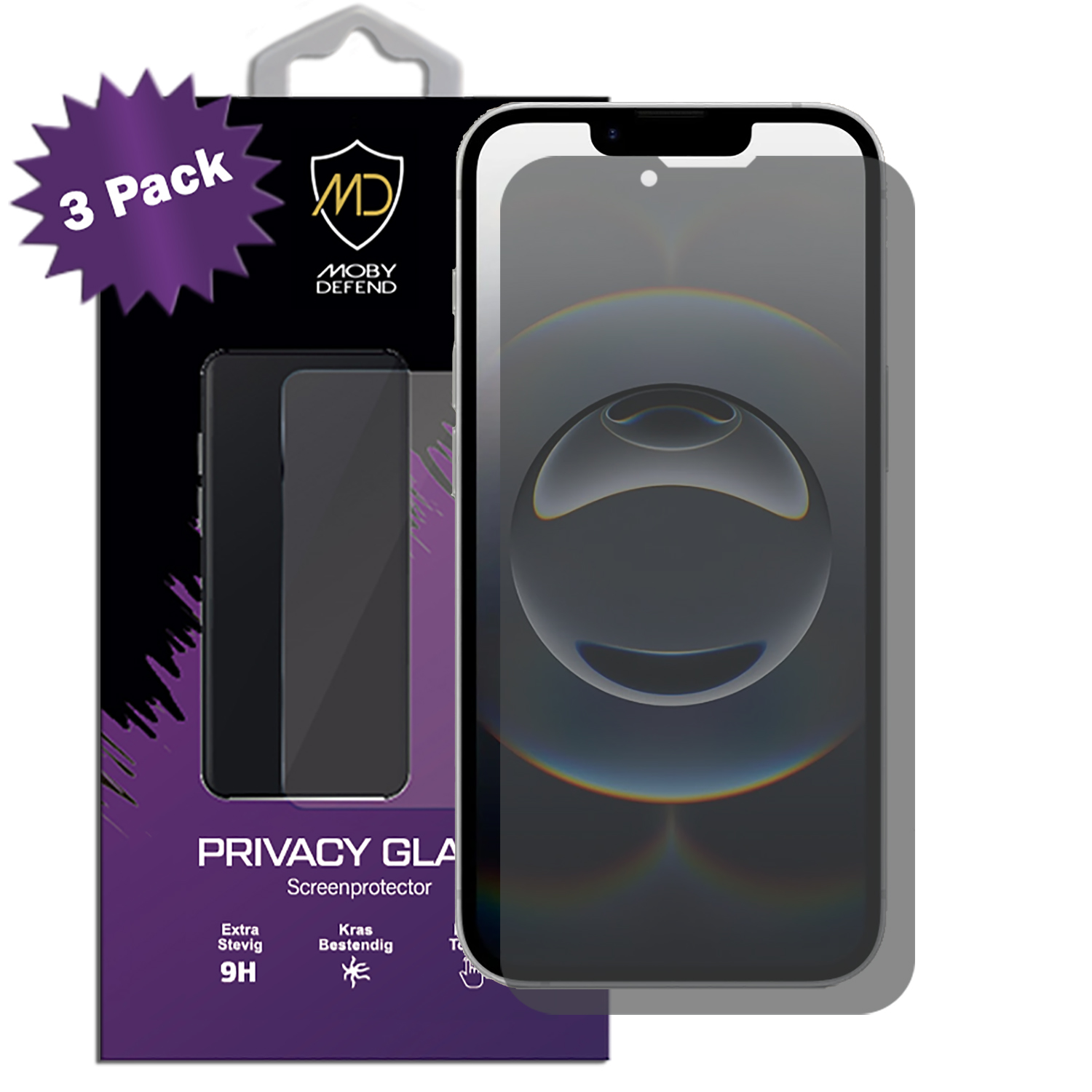 Zwarte smartphone met grijze screenprotector en '3 Pack' doos.