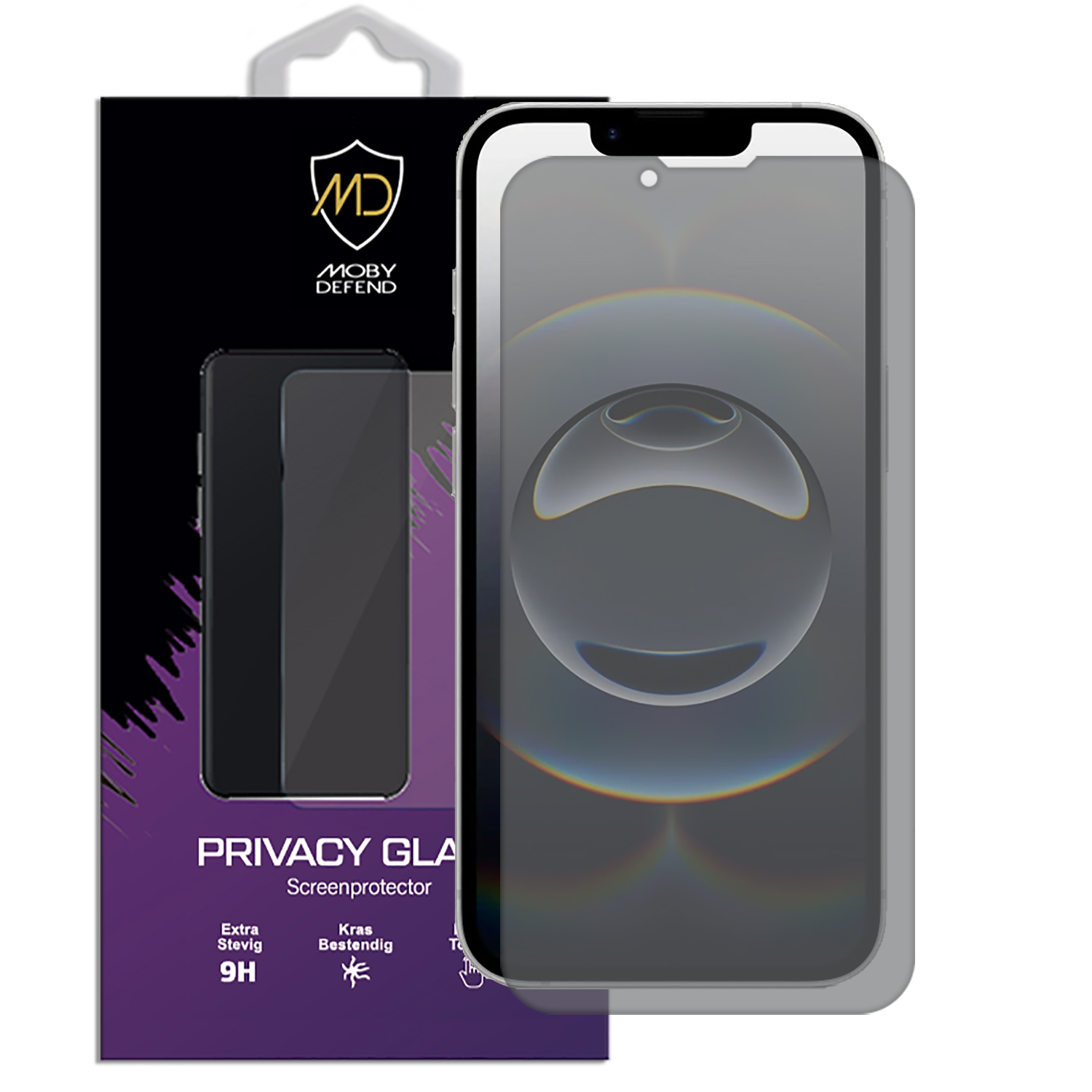 Un smartphone noir avec un protecteur d'écran gris et une boîte de produit.