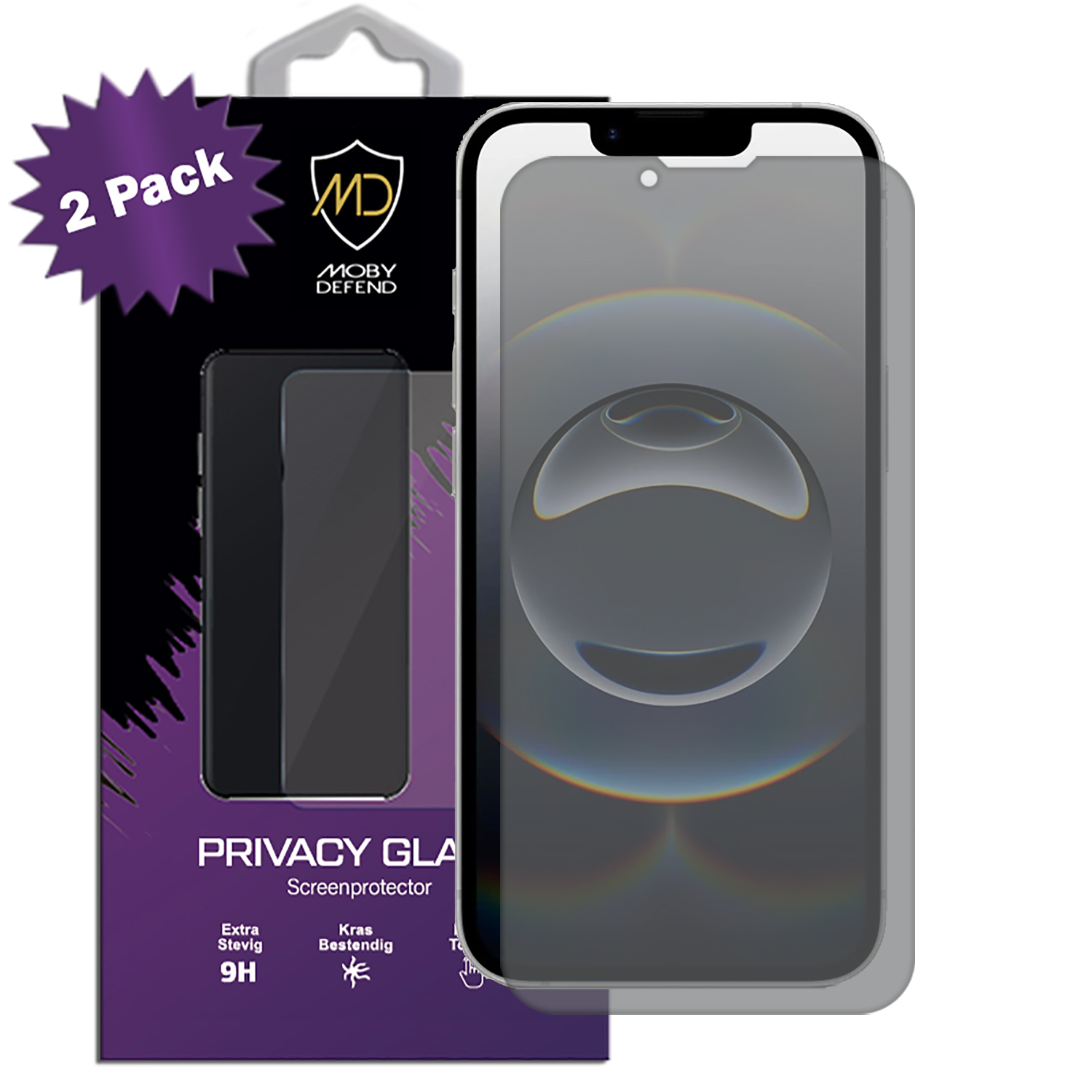 Un smartphone noir avec protecteur d'écran gris et boîte '2 Pack'.