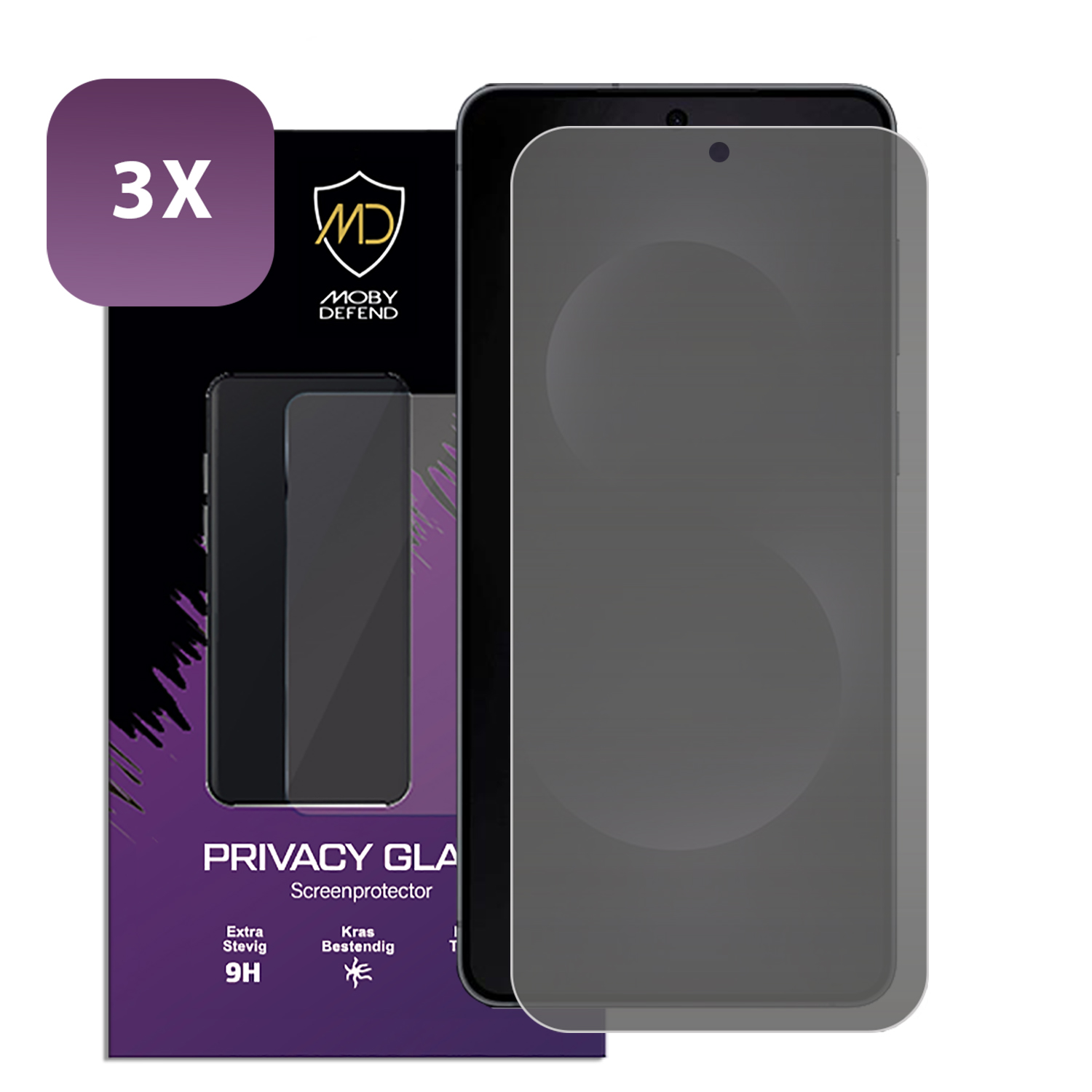 Un smartphone noir avec protecteur d'écran gris et boîte '3X'.