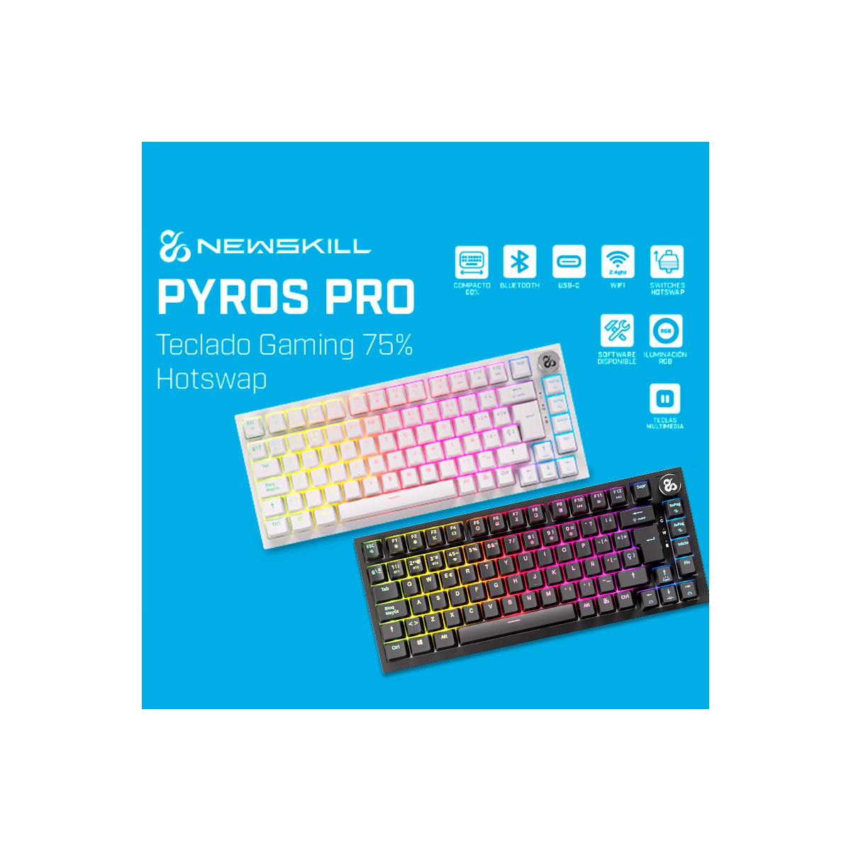 Un teclado con teclas multicolores sobre fondo azul. Varios iconos presentes.