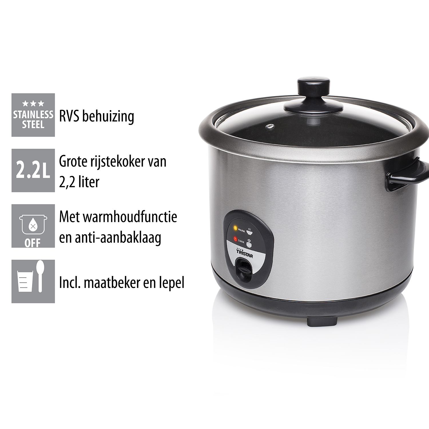 Cuociriso Tristar in acciaio inox con coperchio in vetro e pannello di controllo con impostazioni.