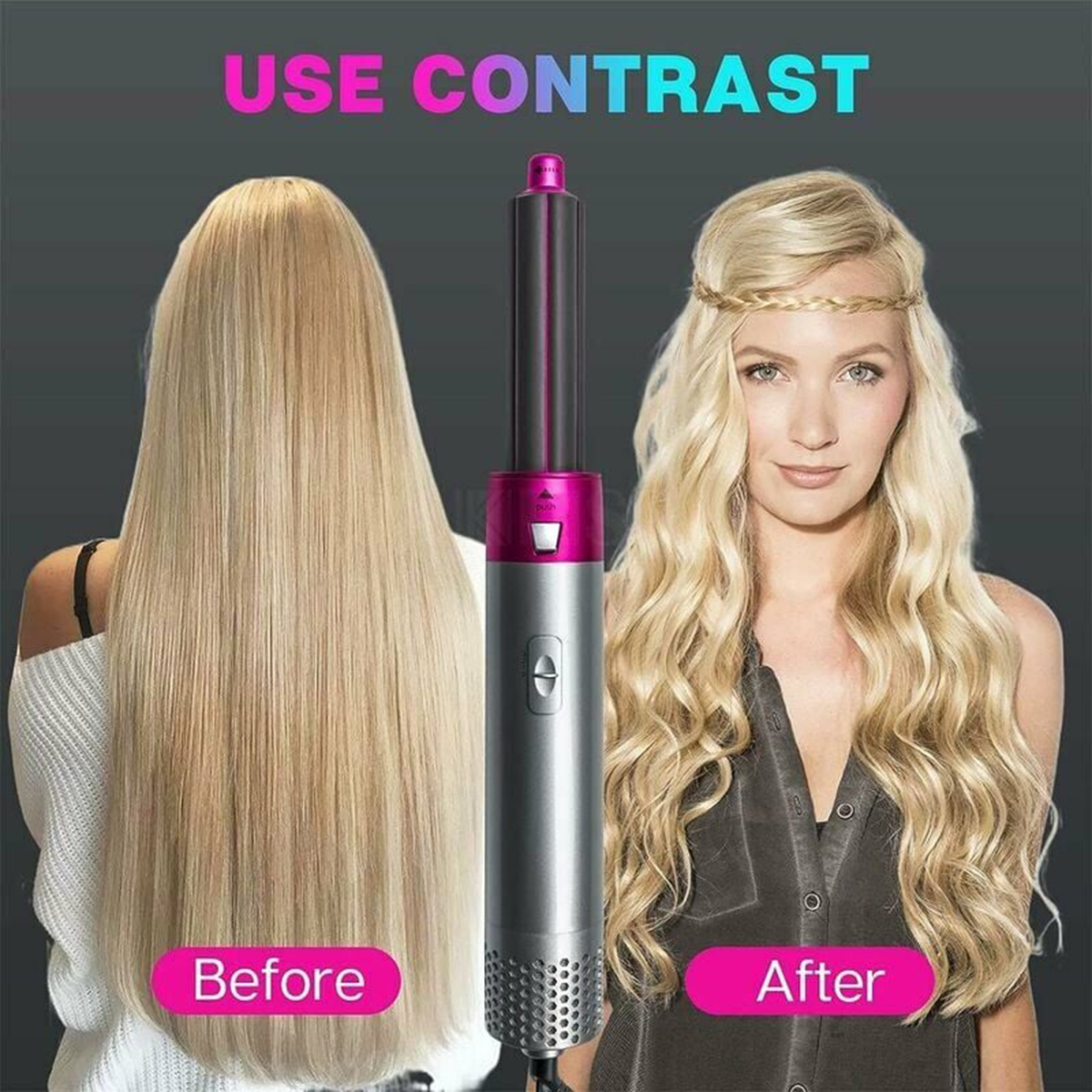 Frau mit langen blonden Haaren, vor und nach der Verwendung eines Haarstylers. Text 'USE CONTRAST'.