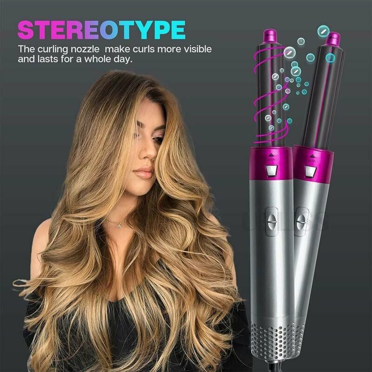 Nahaufnahmen eines Haarstylers. Der Styler verfügt über Temperaturregler und eine Drehfunktion.
