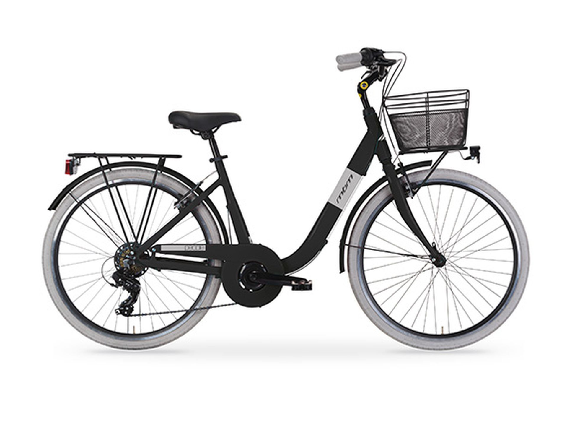 Schwarzes Elektrofahrrad mit Korb. Weiße Reifen, schwarze Schutzbleche und Akku.