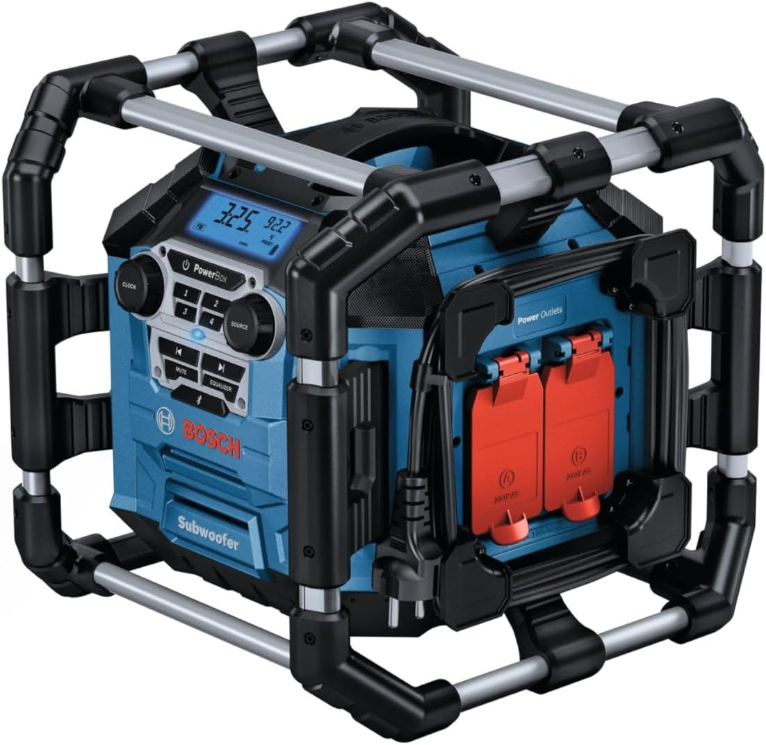 Niebiesko-czarny subwoofer Bosch z metalową ramą. Posiada wyświetlacz cyfrowy i gniazda zasilania.