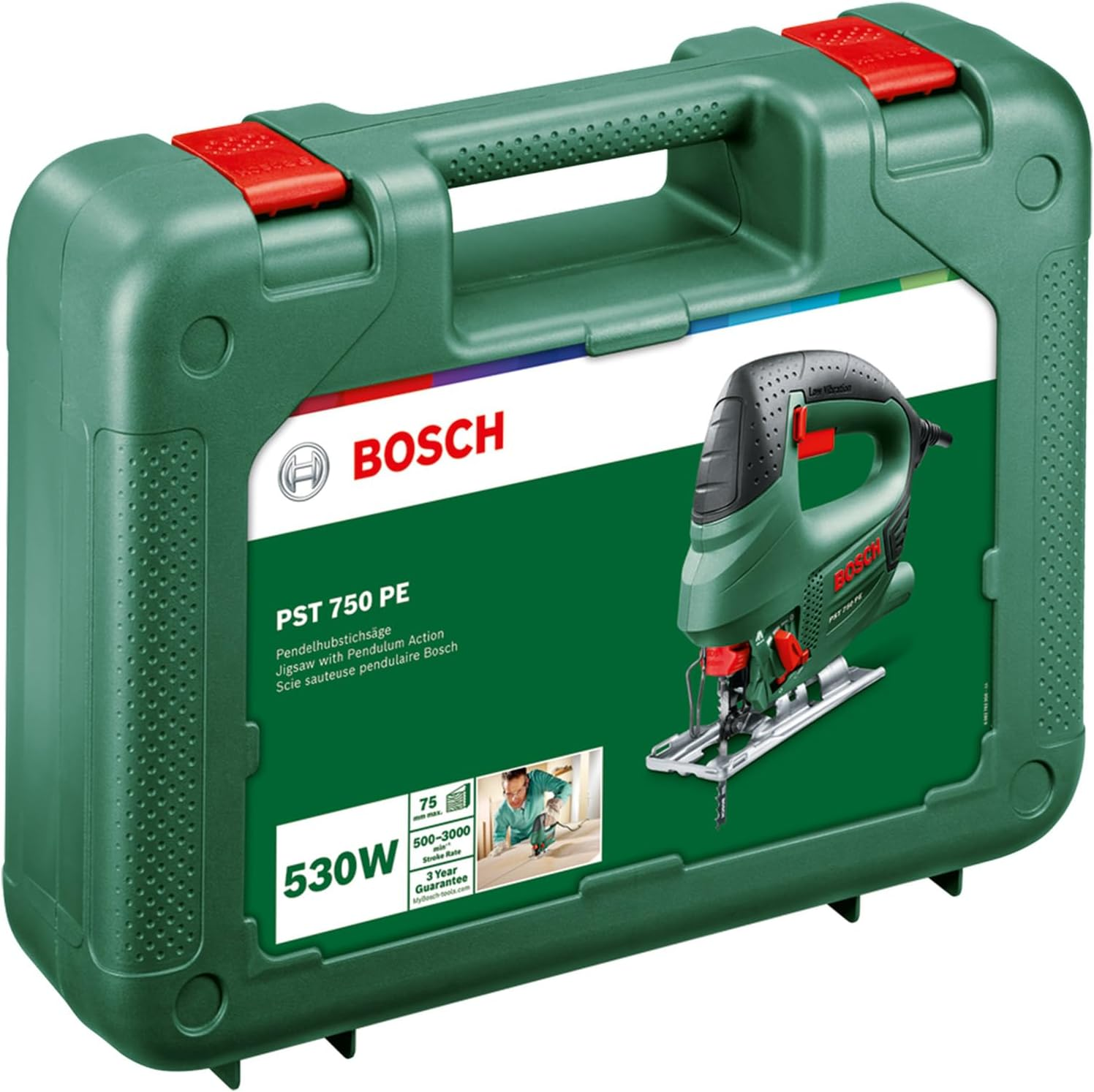 Grüne Stichsägebox mit roten Akzenten. Die Box zeigt das Produkt und seine Eigenschaften.