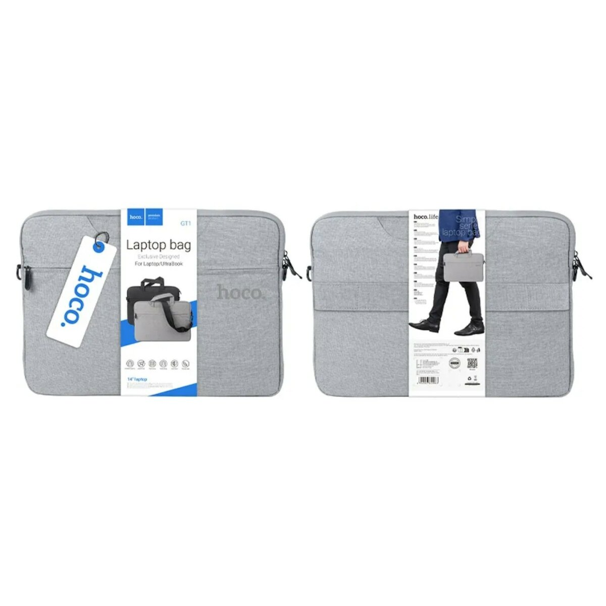 Zwei graue Laptoptaschen mit einem Etikett für Laptoptaschen.