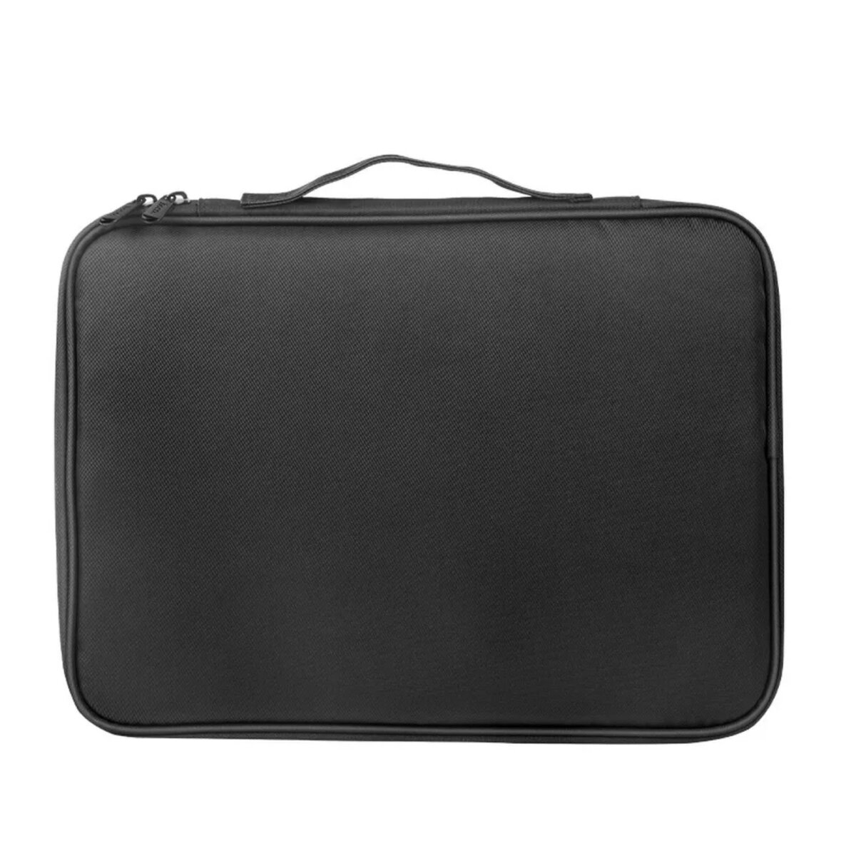 Eine schwarze Laptoptasche mit Reißverschluss und Griff.