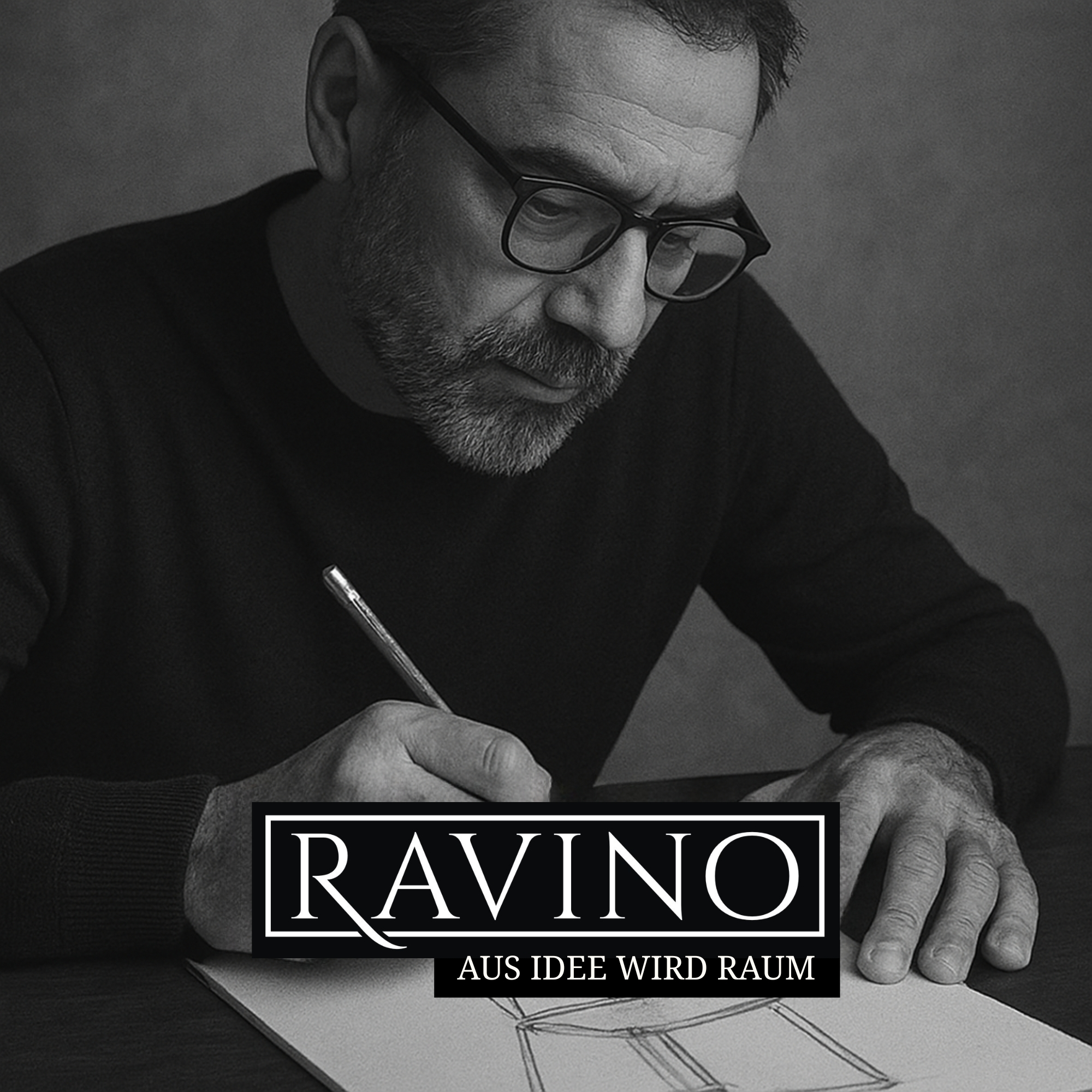Ein Mann mit Brille zeichnet auf Papier, Logo: RAVINO.