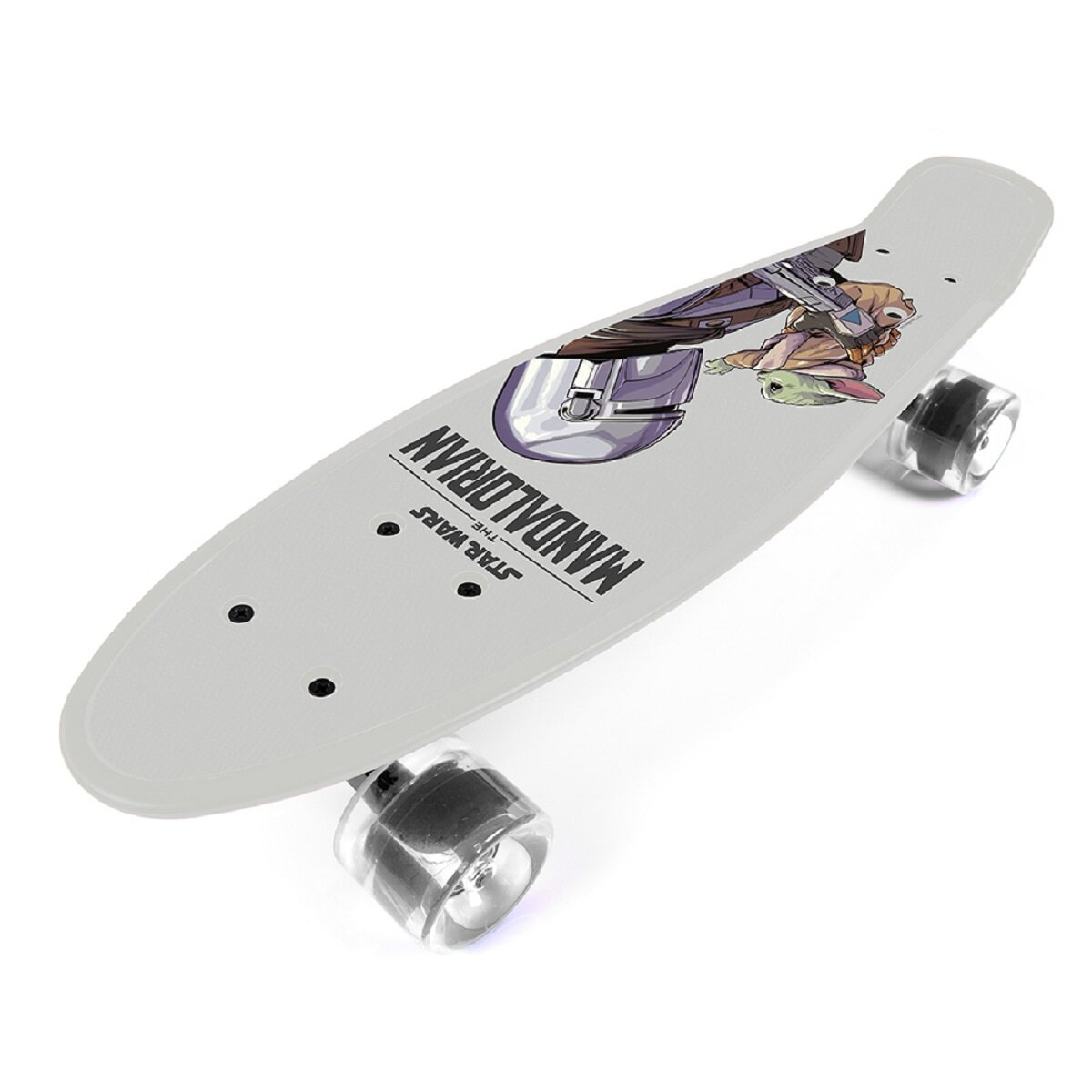 Ein Skateboard mit Mandalorianer- und Baby-Yoda-Grafiken.
