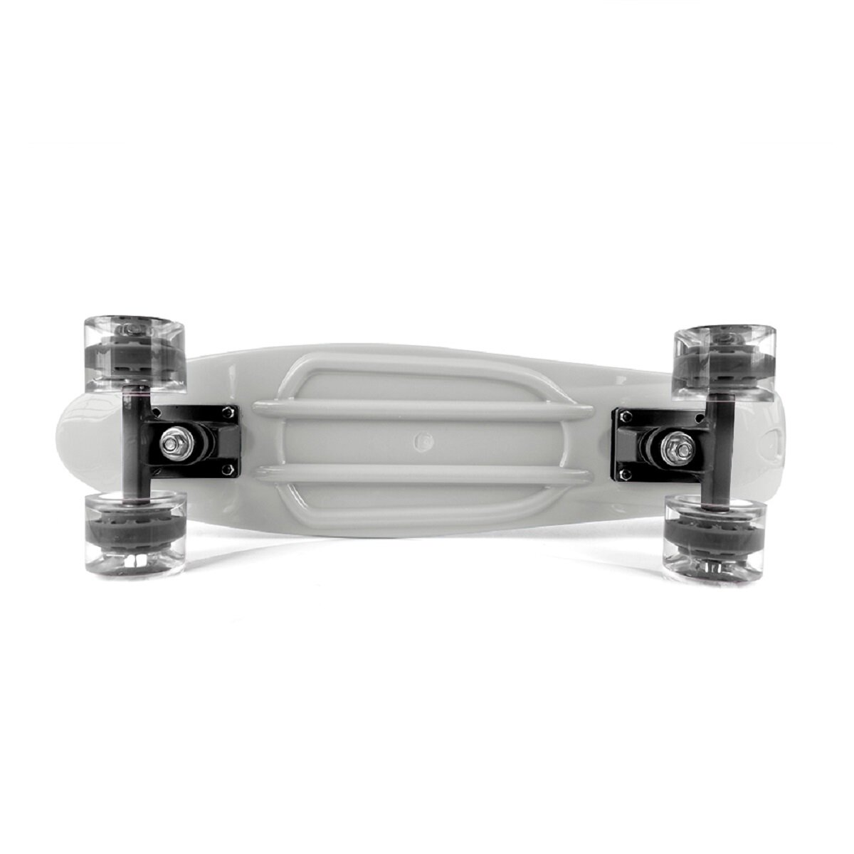 Ein weißes Skateboard, Unteransicht. Transparente Räder.