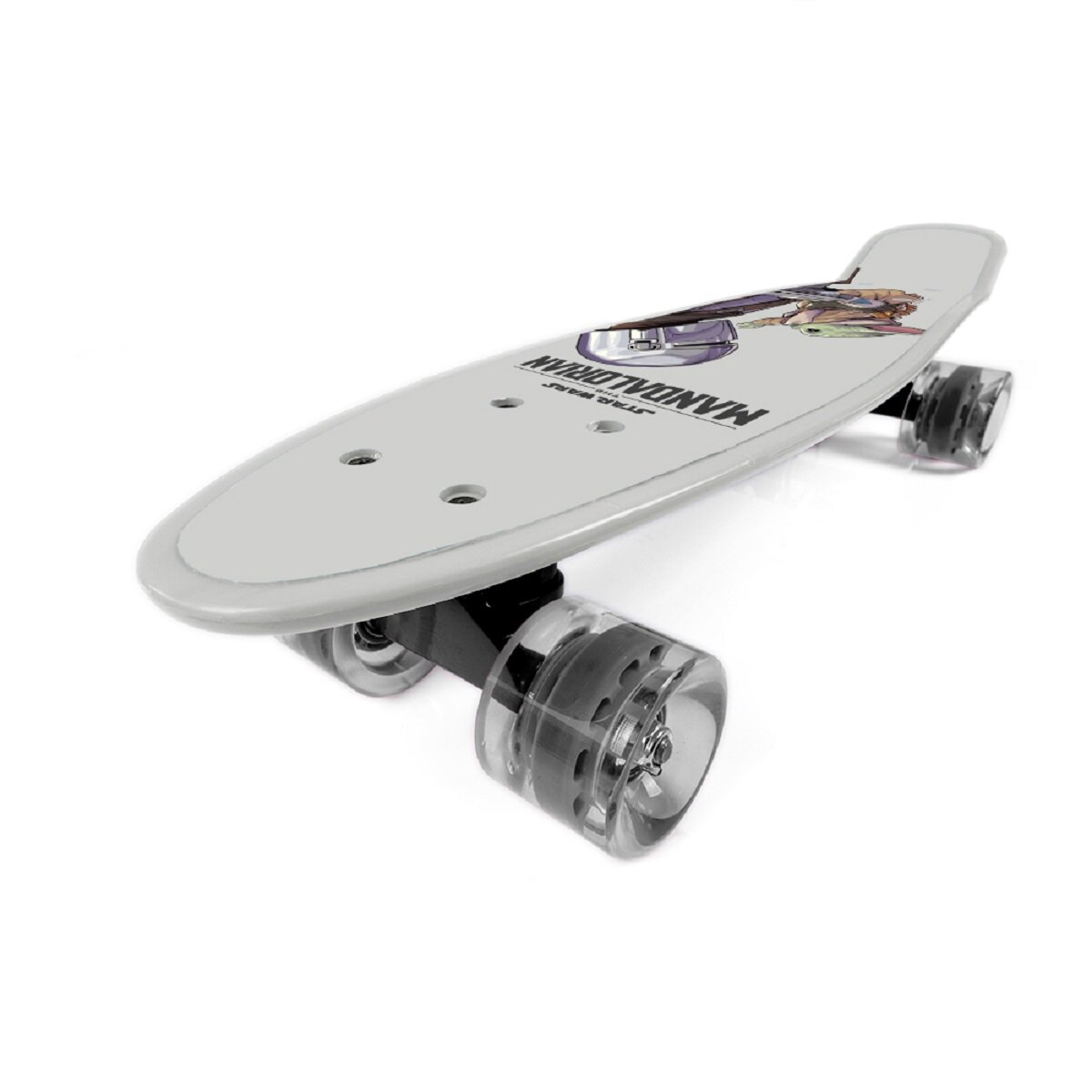 Ein weißes Skateboard mit Mandalorianer-Grafik oben.