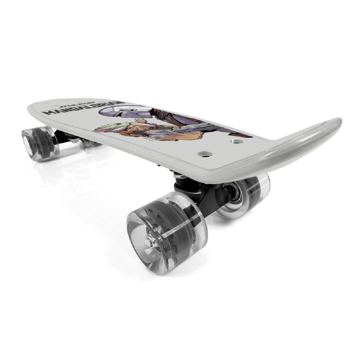 Ein Skateboard mit Mandalorianer- und Baby-Yoda-Grafiken.