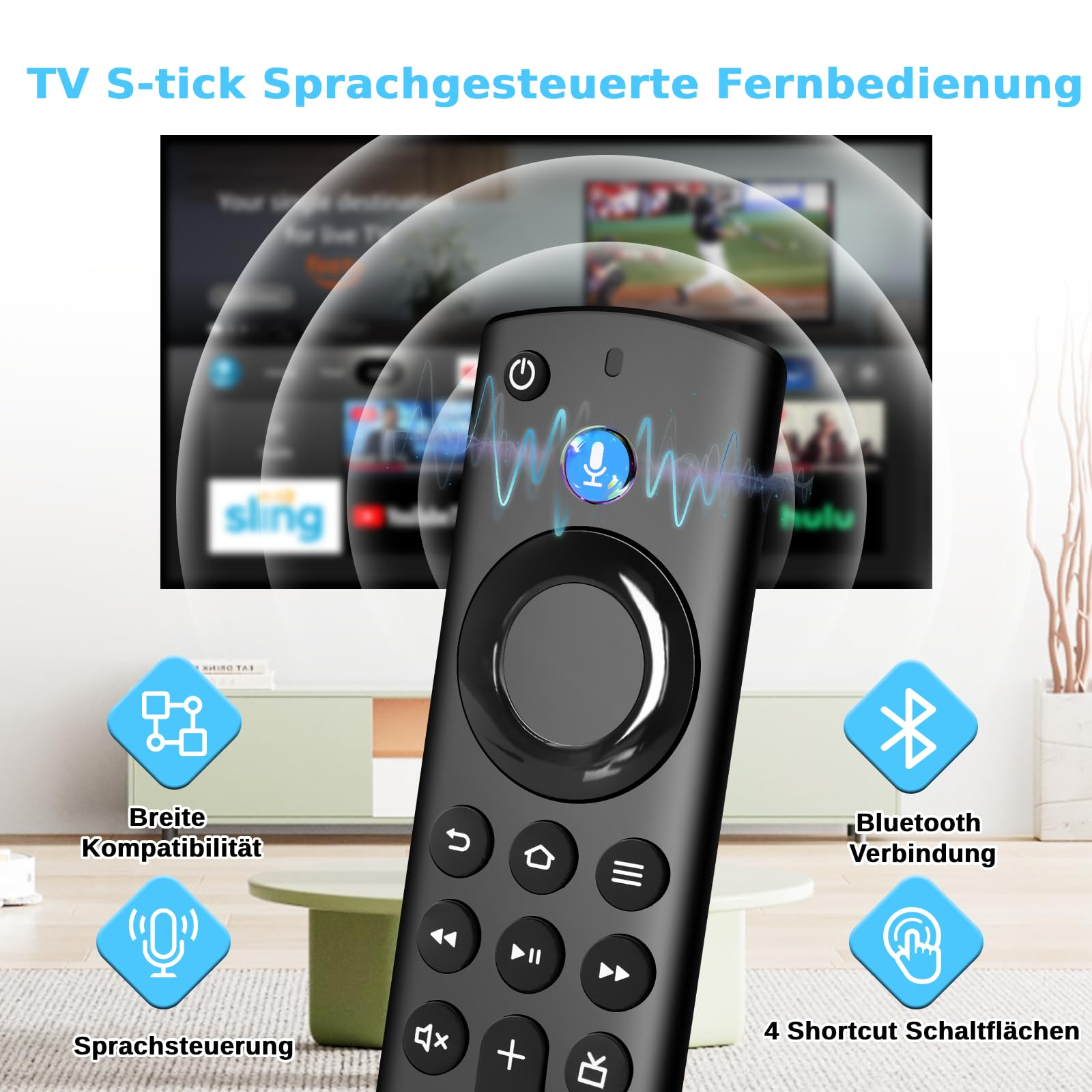 Eine Hand hält eine Fernbedienung, im Hintergrund ein Fernseher mit Symbolen.