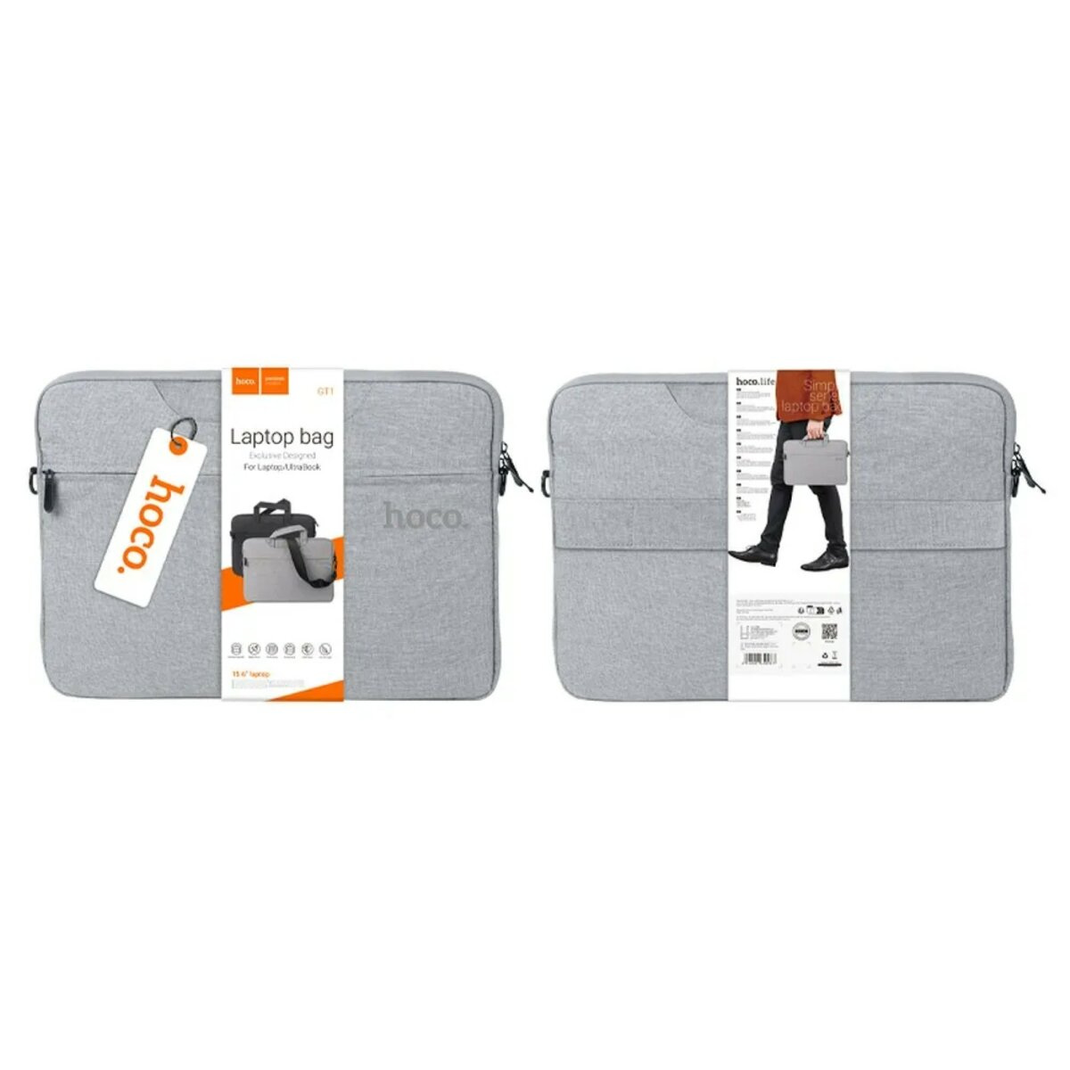 Zwei Seiten einer grauen Laptoptasche mit Anhänger.