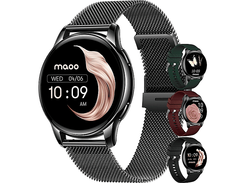 MAOO Ventura Smartwatch Damen AMOLED Always-On Telefonieren Nachrichten Edelstahlarmband + 3 Silikonarmbänder, 20 mm, Schwarz