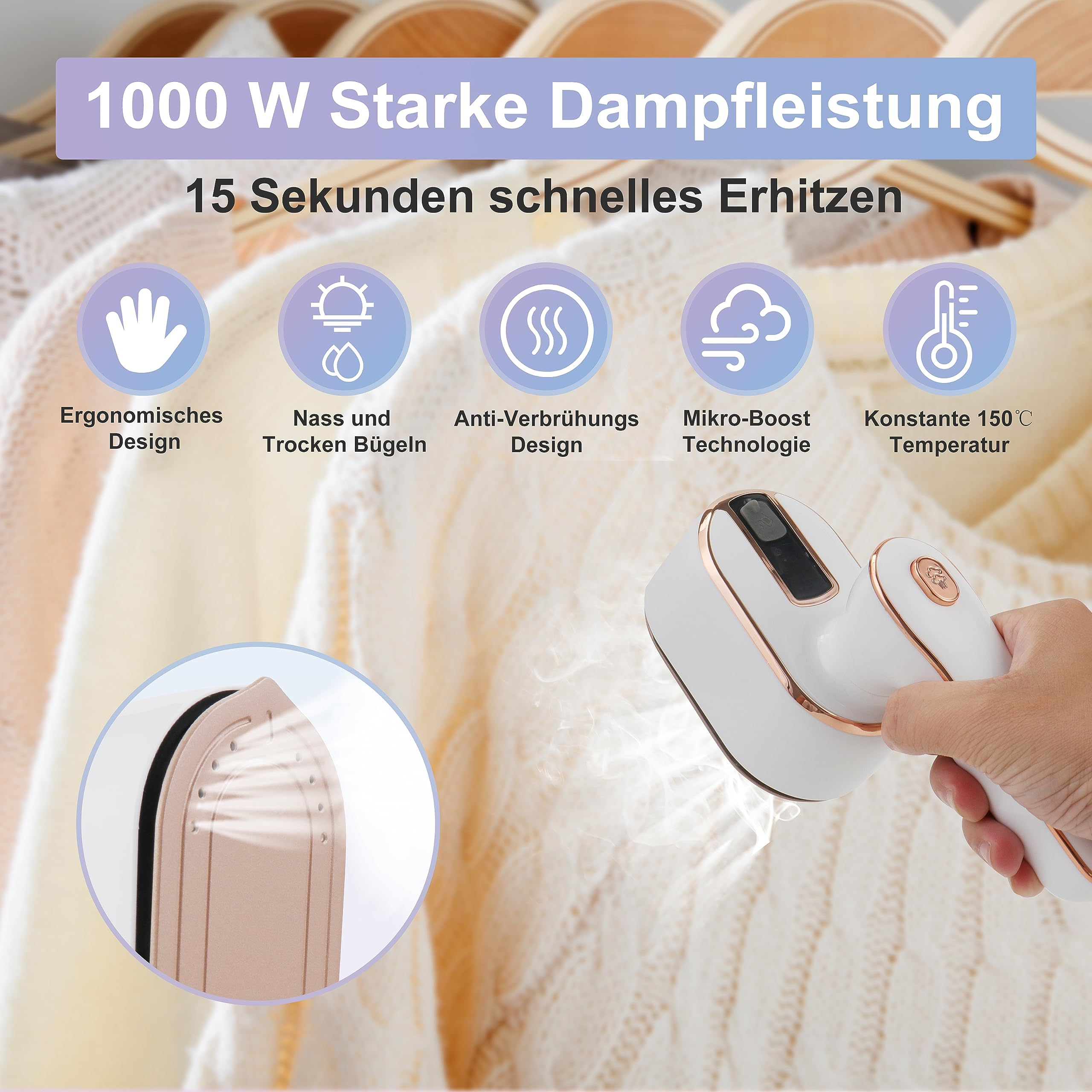 Steamer Dampfglätter TESTSIEGER - 1500W & 300ml inkl. Bügelhandschuh & Aufsät