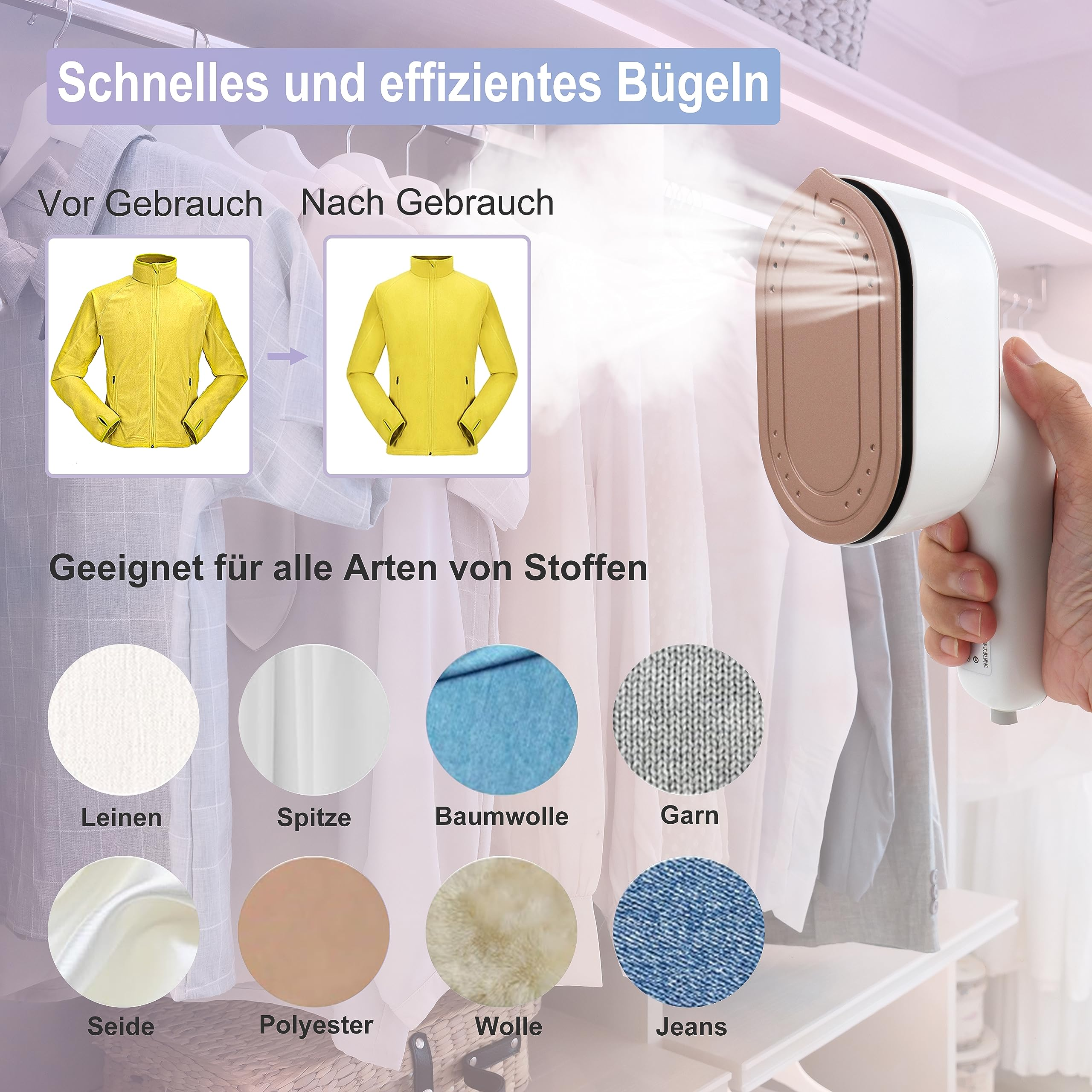 Eine gelbe Jacke vor und nach dem Bügeln, mit Stoffmustern. Text: Schnelles und effizientes Bügeln.
