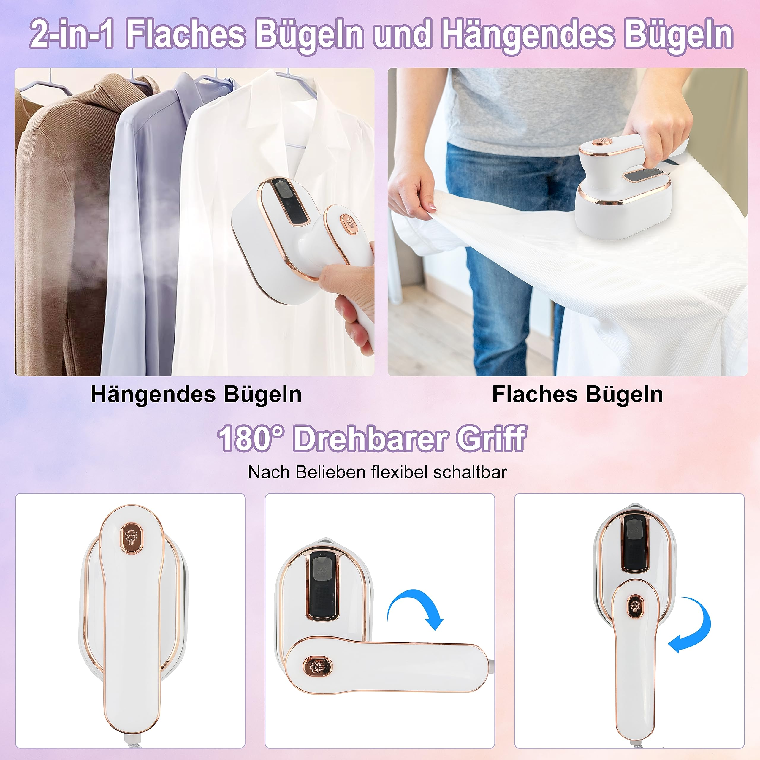 Bilder zeigen einen tragbaren Steamer. Ein Bild zeigt das Dämpfen hängender Kleidung, ein anderes das Bügeln flach.