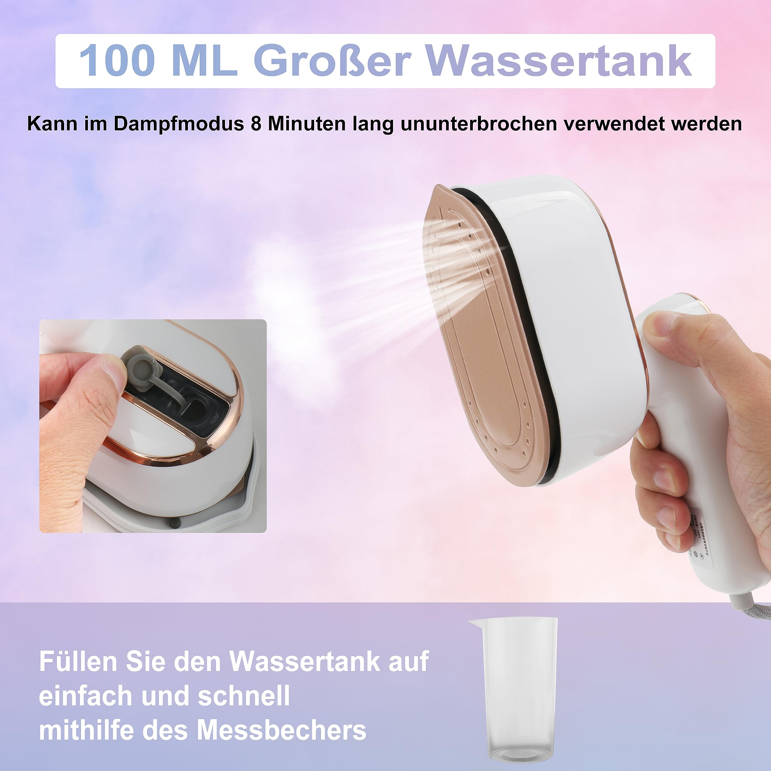 Tragbarer Steamer mit Wassertank und Messbecher. Dampf kommt heraus, einsatzbereit.