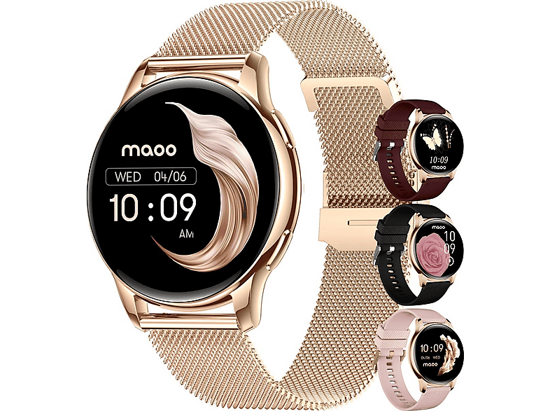 MAOO Ventura Smartwatch Damen AMOLED Always-On Telefonieren Nachrichten Edelstahlarmband + 3 Silikonarmbänder, 20 mm, Rosa; Gold; Rotgold