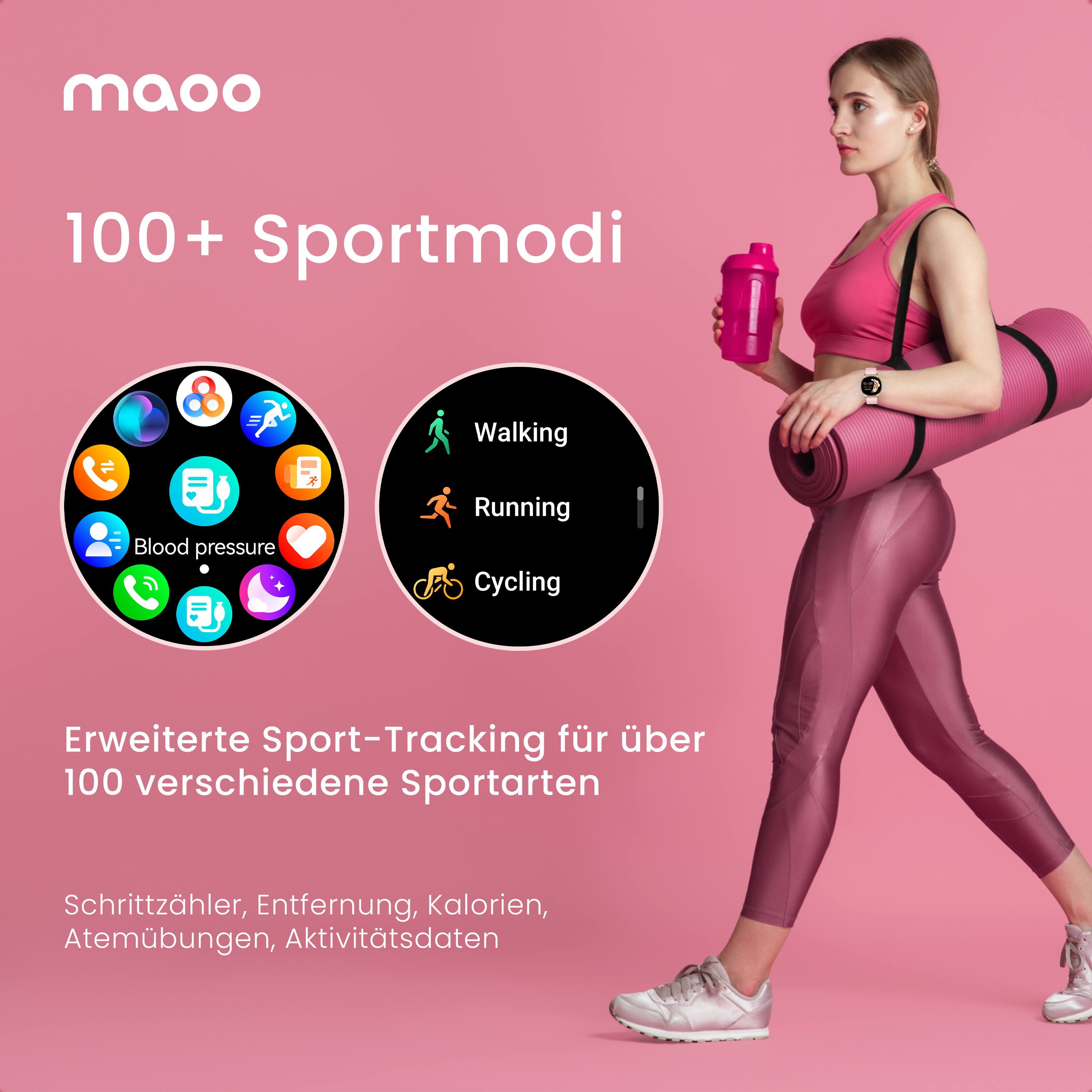 Frau mit rosa Matte, hält eine Wasserflasche, in der Nähe einer Smartwatch, die Trainingsmodi zeigt.